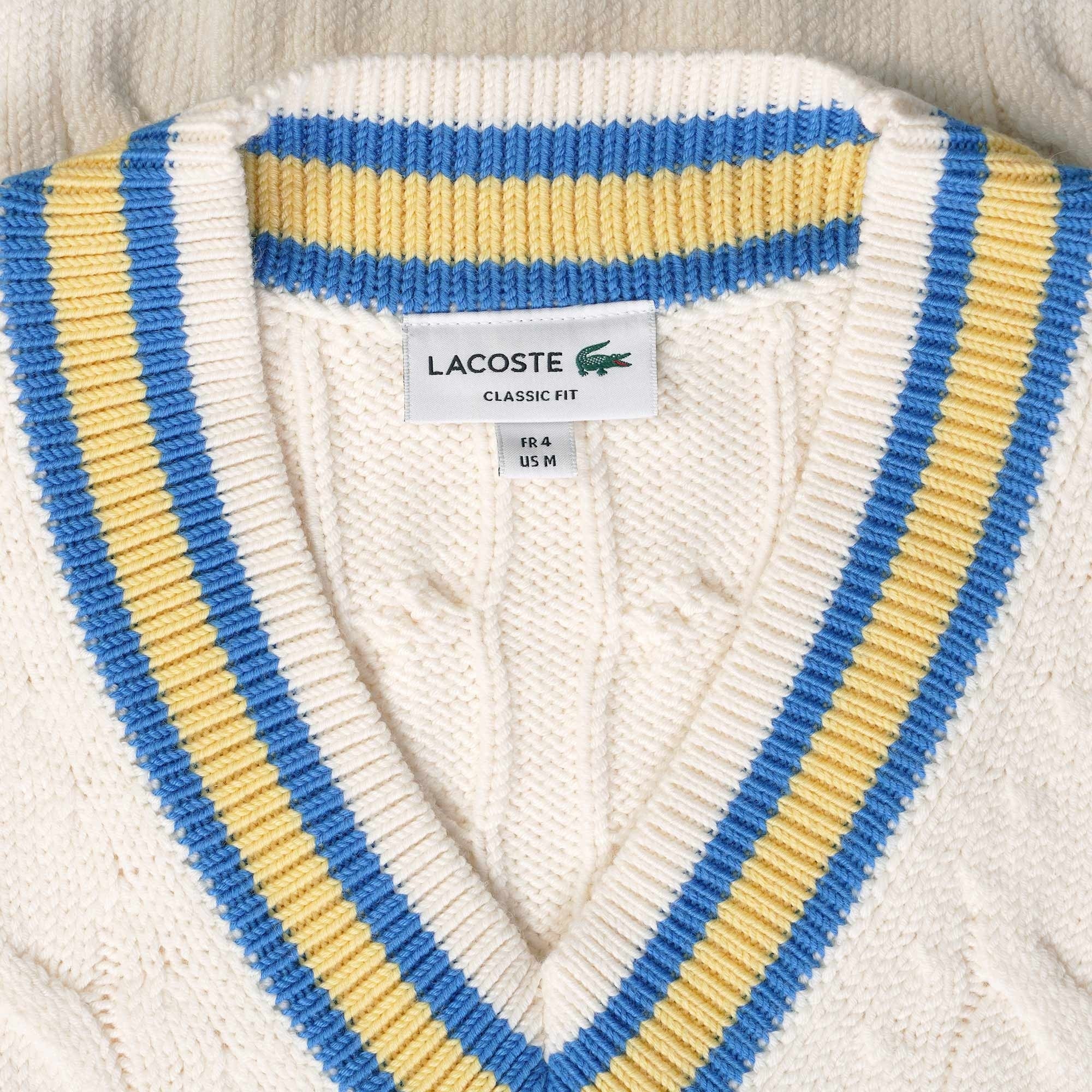 Lacoste Classic Fit V-Neck Contrast Striped Wool Sweater - Blanc