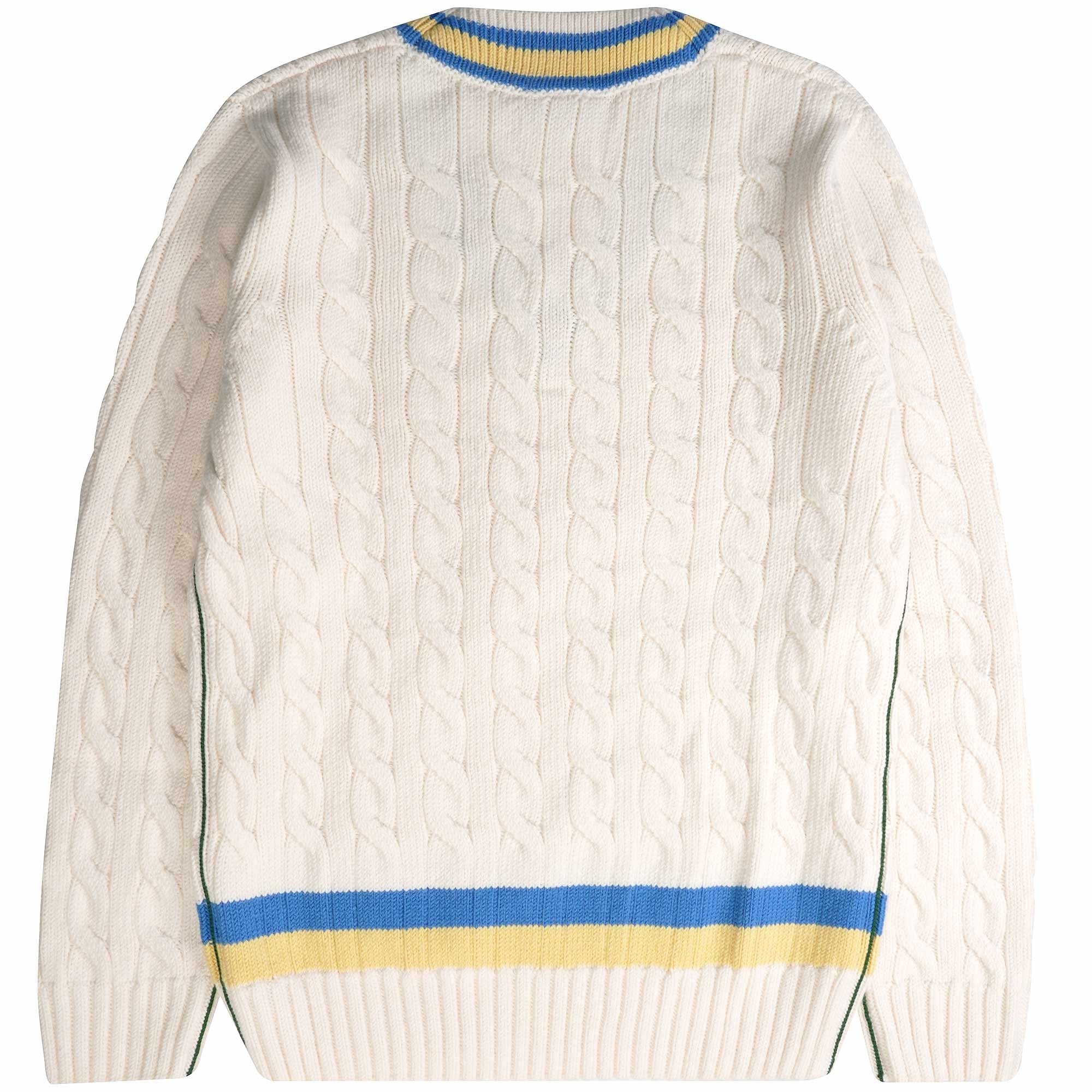 Lacoste Classic Fit V-Neck Contrast Striped Wool Sweater - Blanc