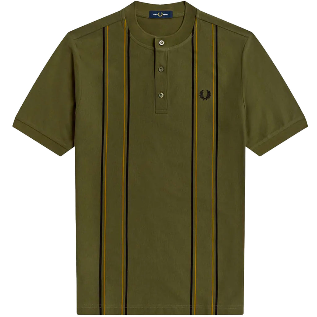 Fred Perry M3 Striped Henley Polo Shirt - Military Green