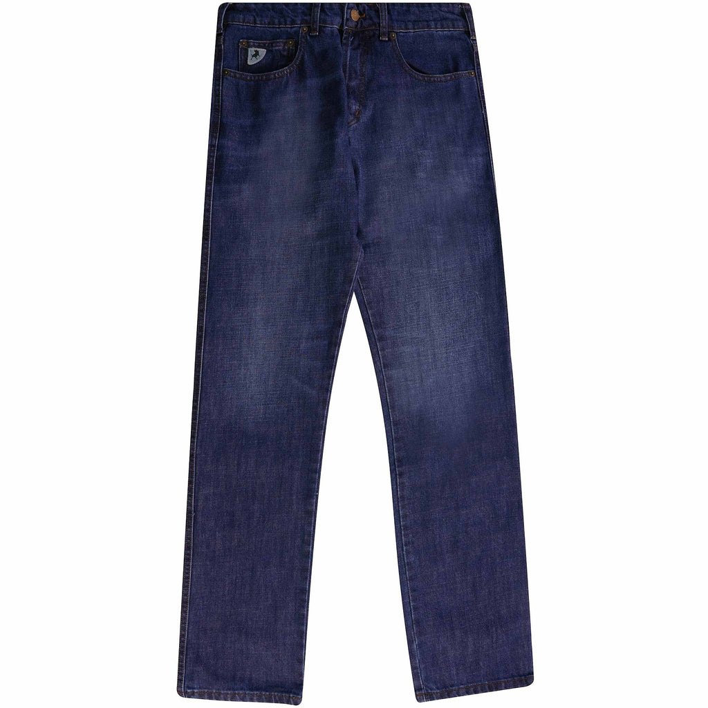 A pair of men's dark blue jeans, presented flat on a white background.