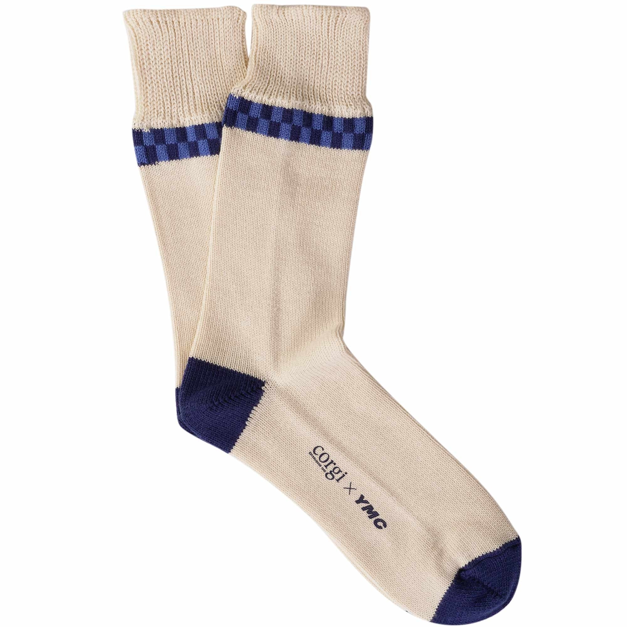 YMC Check Stripe Sock - Ecru/Blue