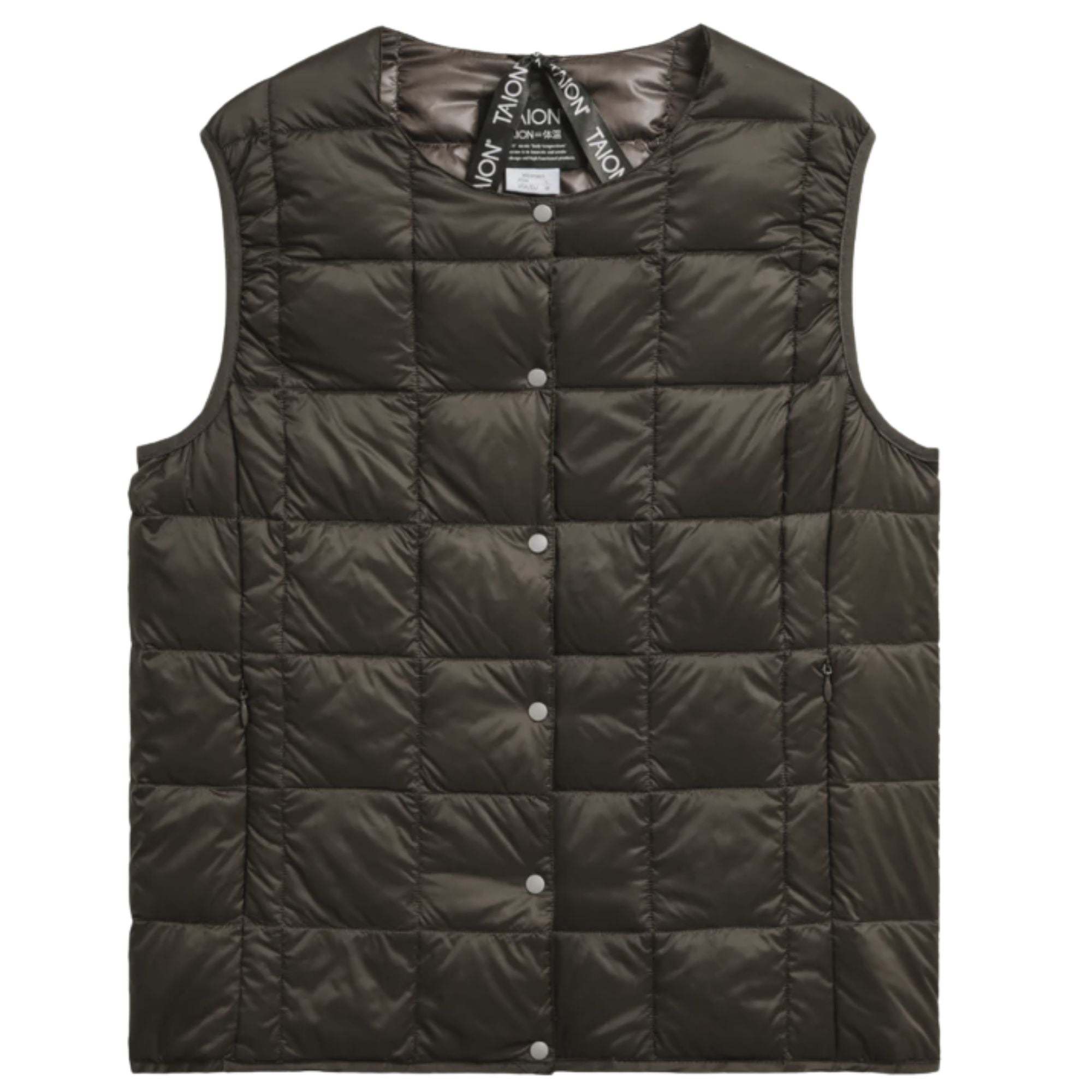 Taion Womens Crew Neck Button Inner Down Vest - Choco