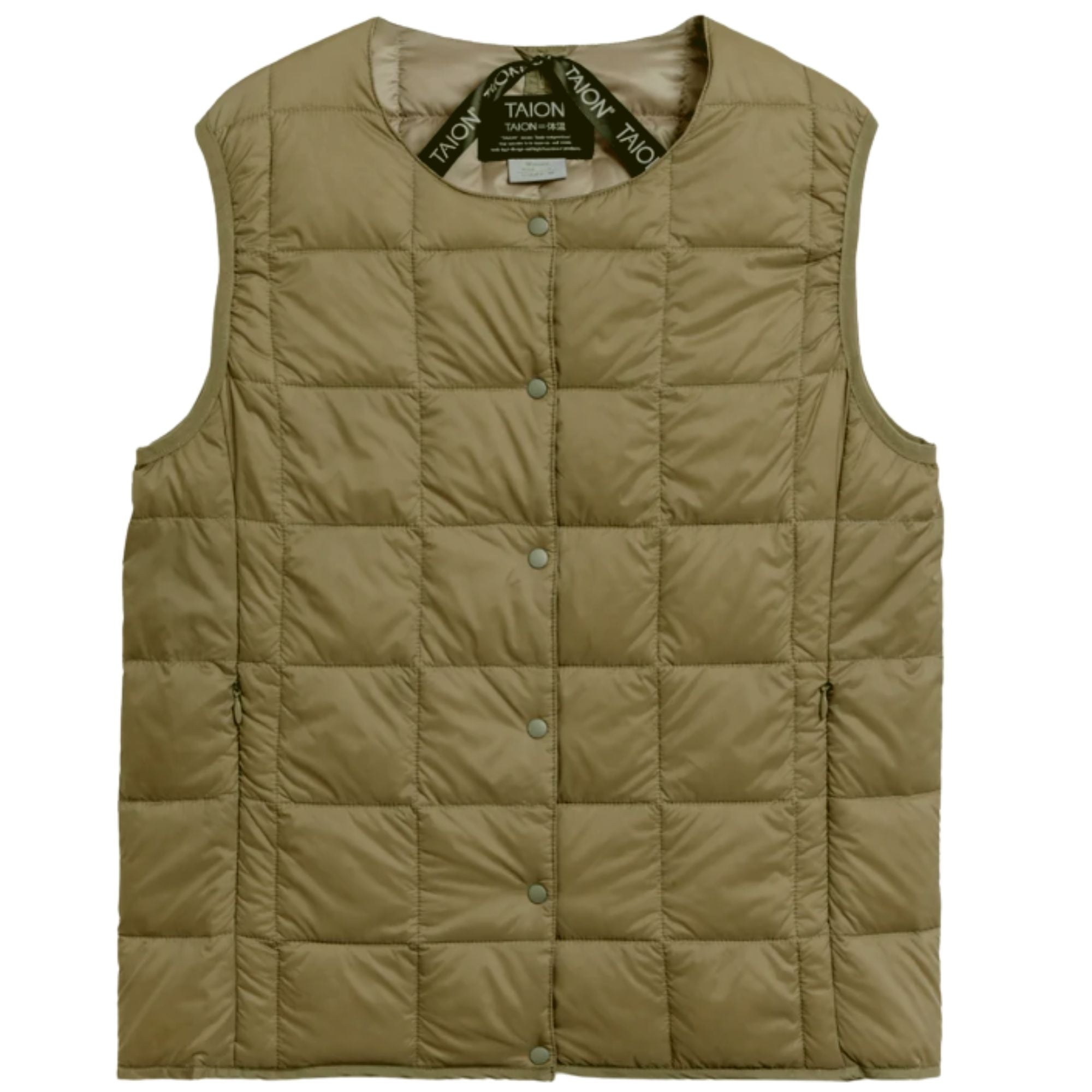 Taion Womens Crew Neck Button Inner Down Vest - Beige