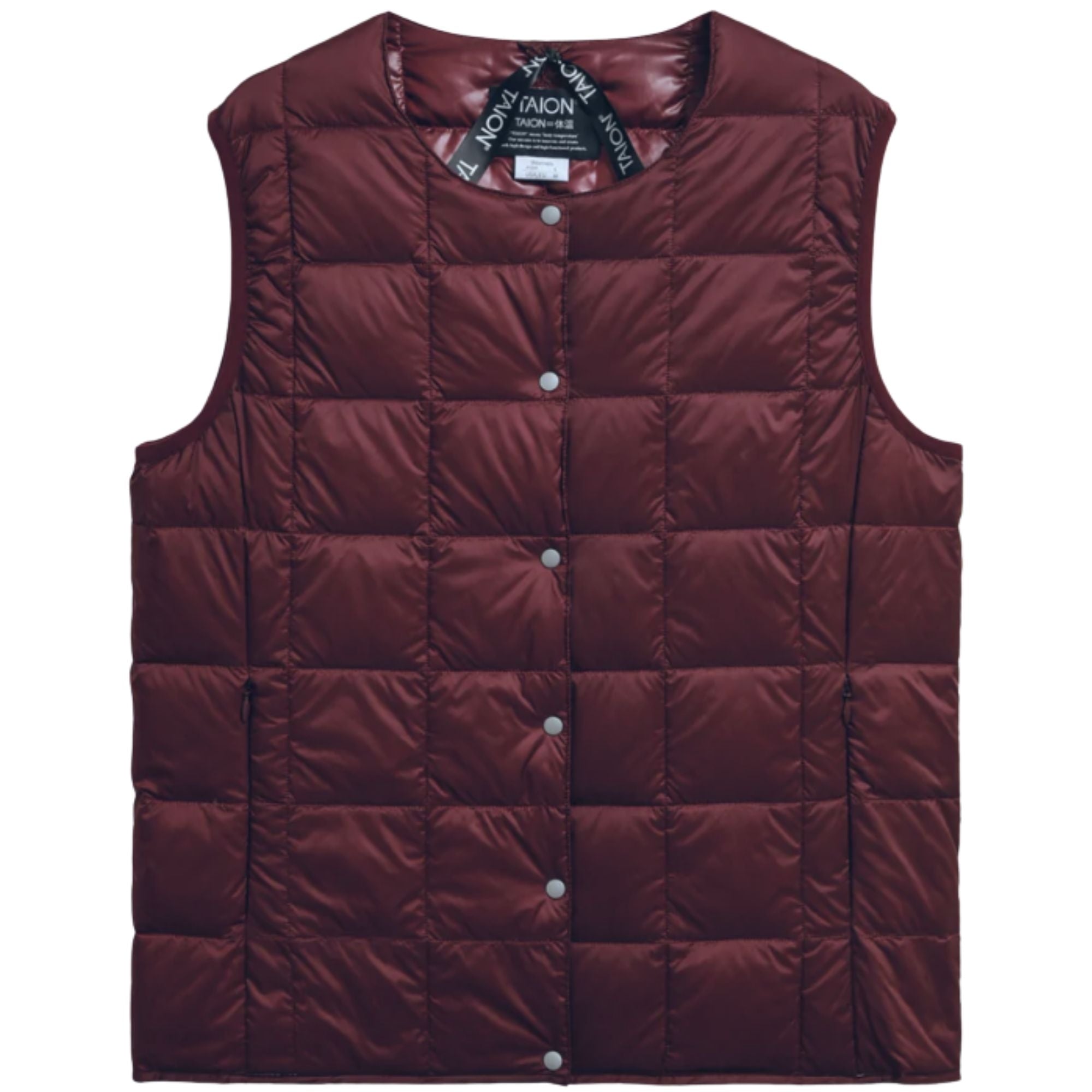 Taion Womens Crew Neck Button Inner Down Vest - Burgundy
