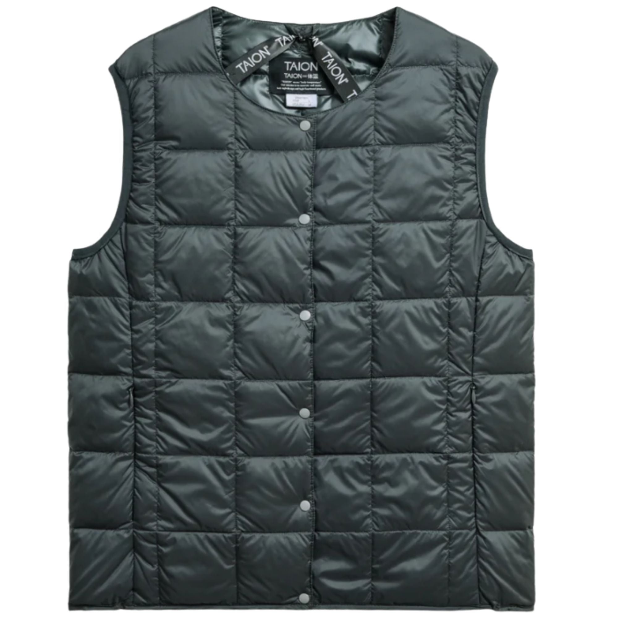 Taion Womens Crew Neck Button Inner Down Vest - Charcoal