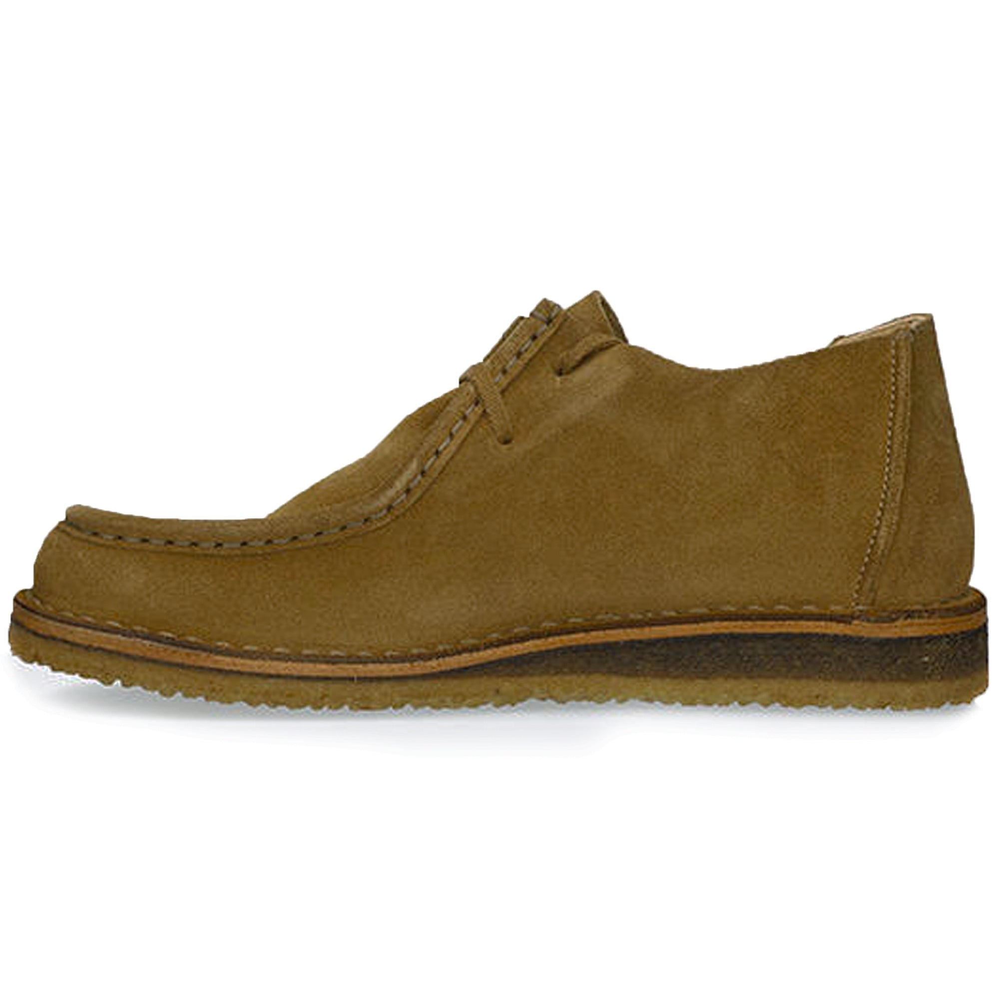 Side profile of a single tan suede shoe with moccasin-style toe and crepe sole.