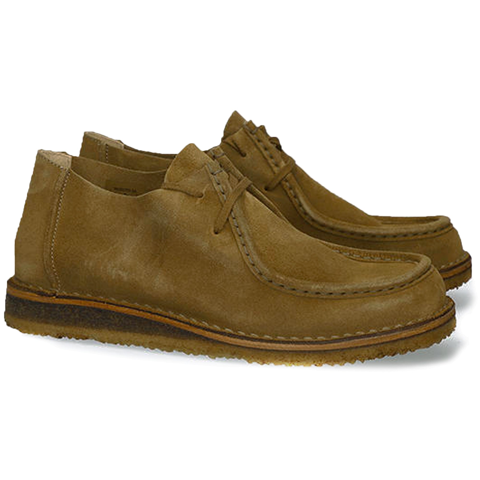 Pair of tan suede shoes with moccasin-style toes and crepe soles, angled slightly.