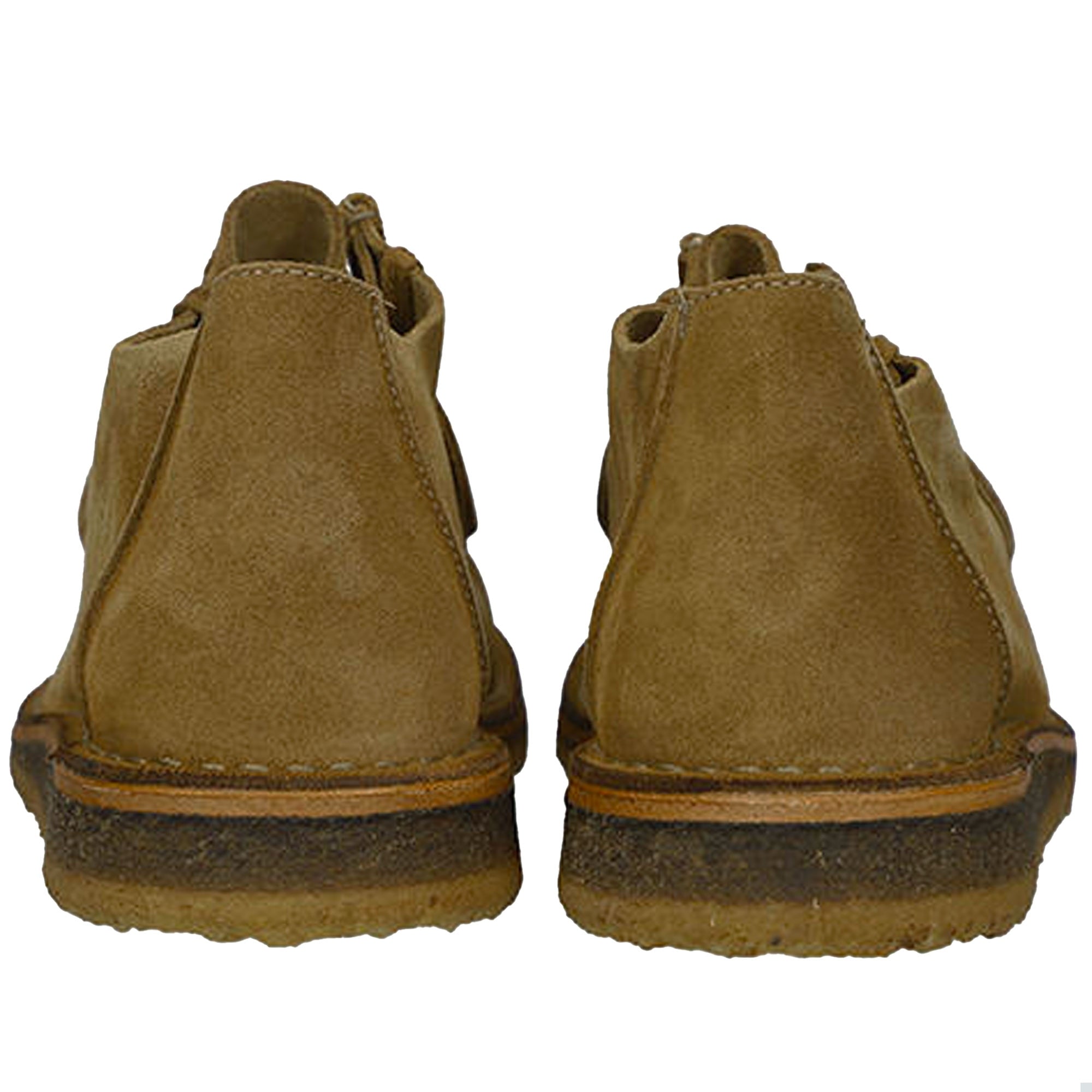 Rear view of a pair of tan suede shoes highlighting the heel and crepe sole.