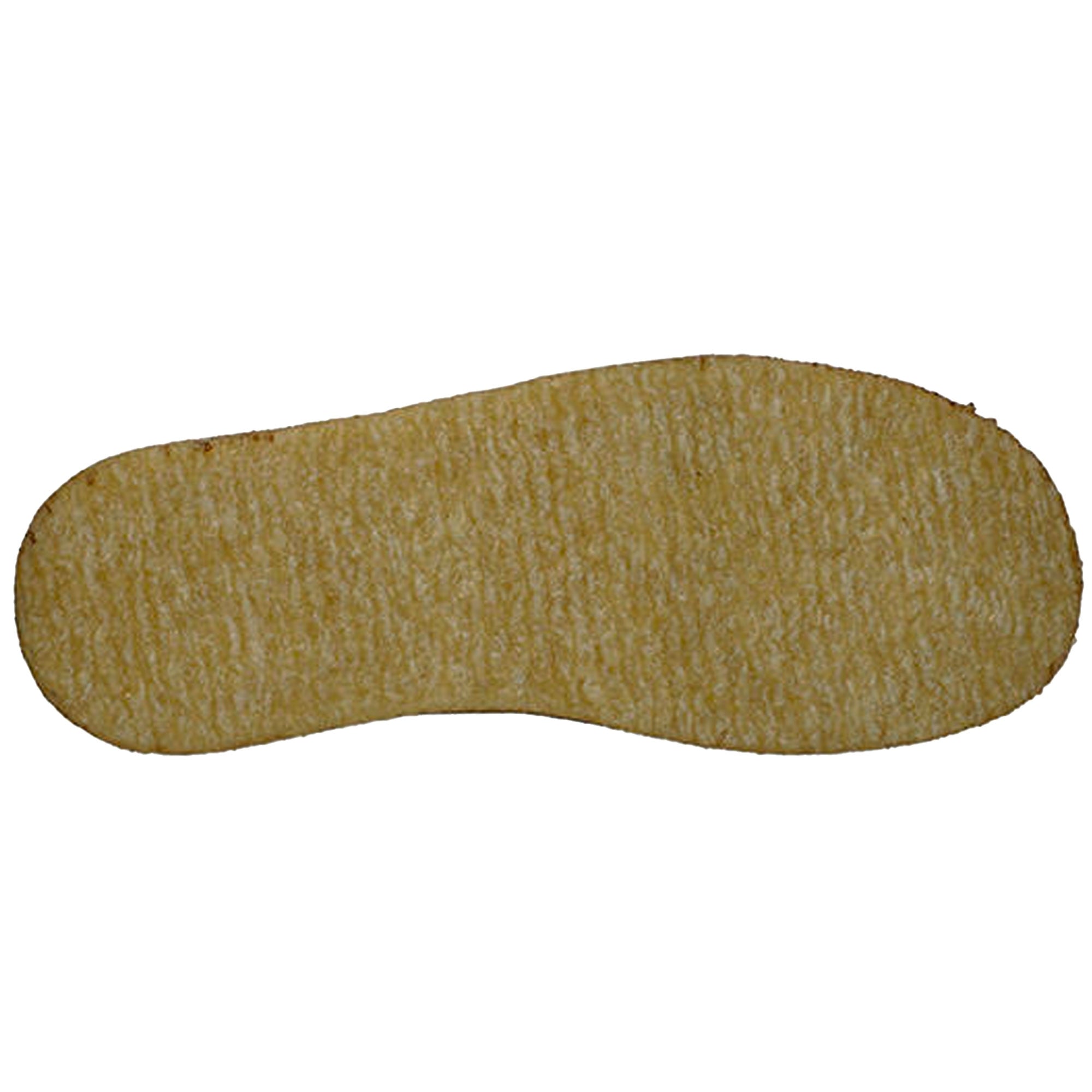 Bottom view of a single tan crepe sole with textured grip.