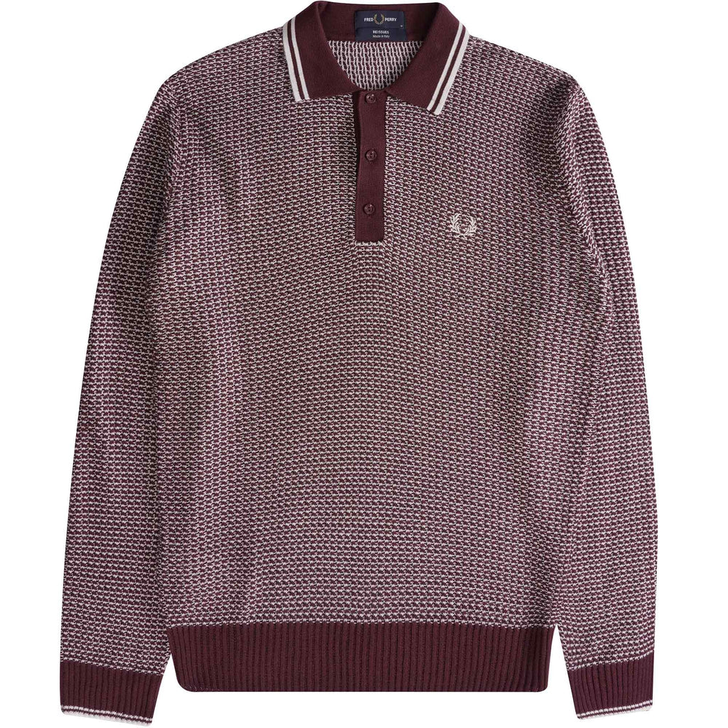 Fred Perry Two Colour Texture Knit Henley - Oxblood