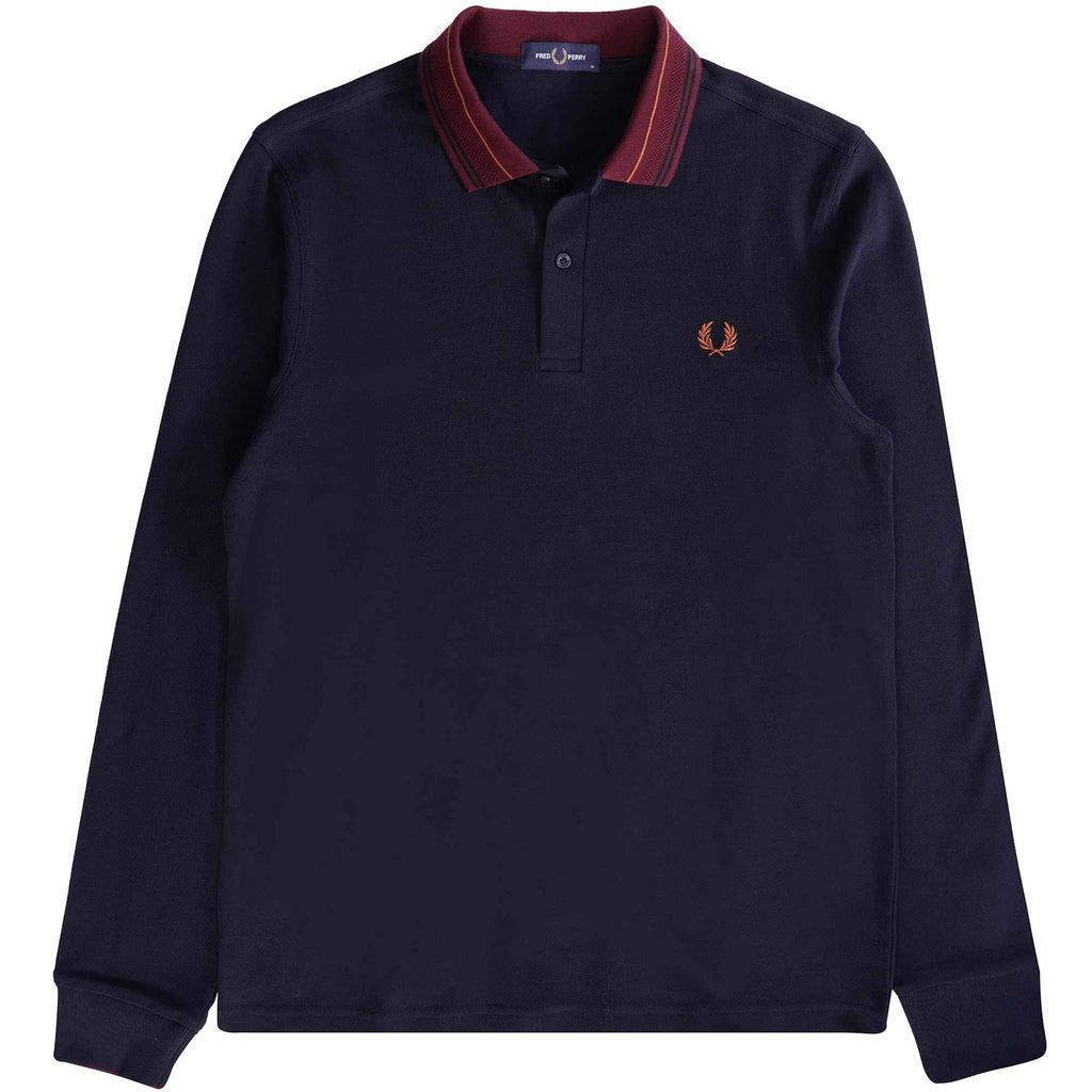 Fred Perry M4 Striped Collar Long Sleeve Polo Shirt - Navy