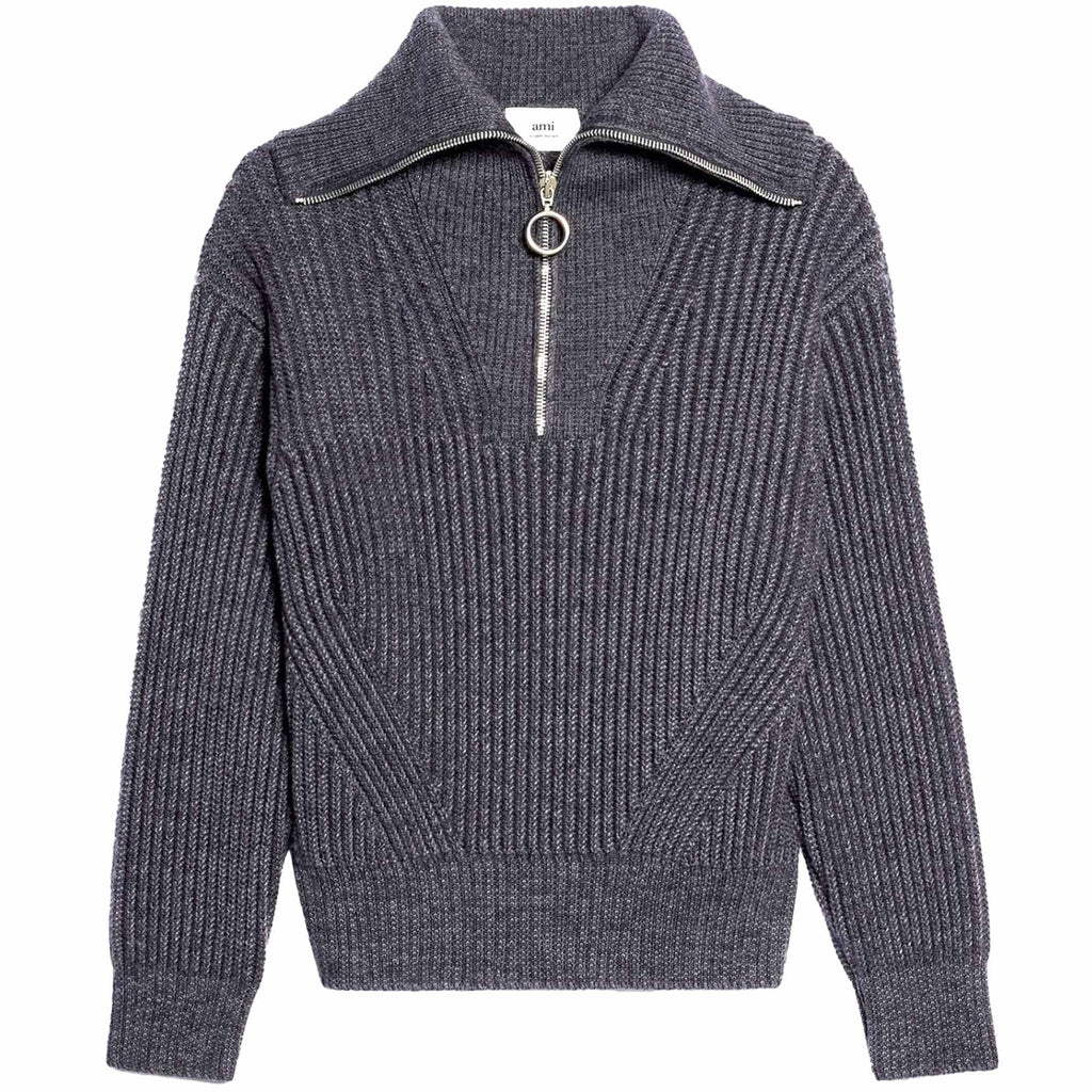 AMI Zipped Collar Ribbed Jumper - Heather Grey