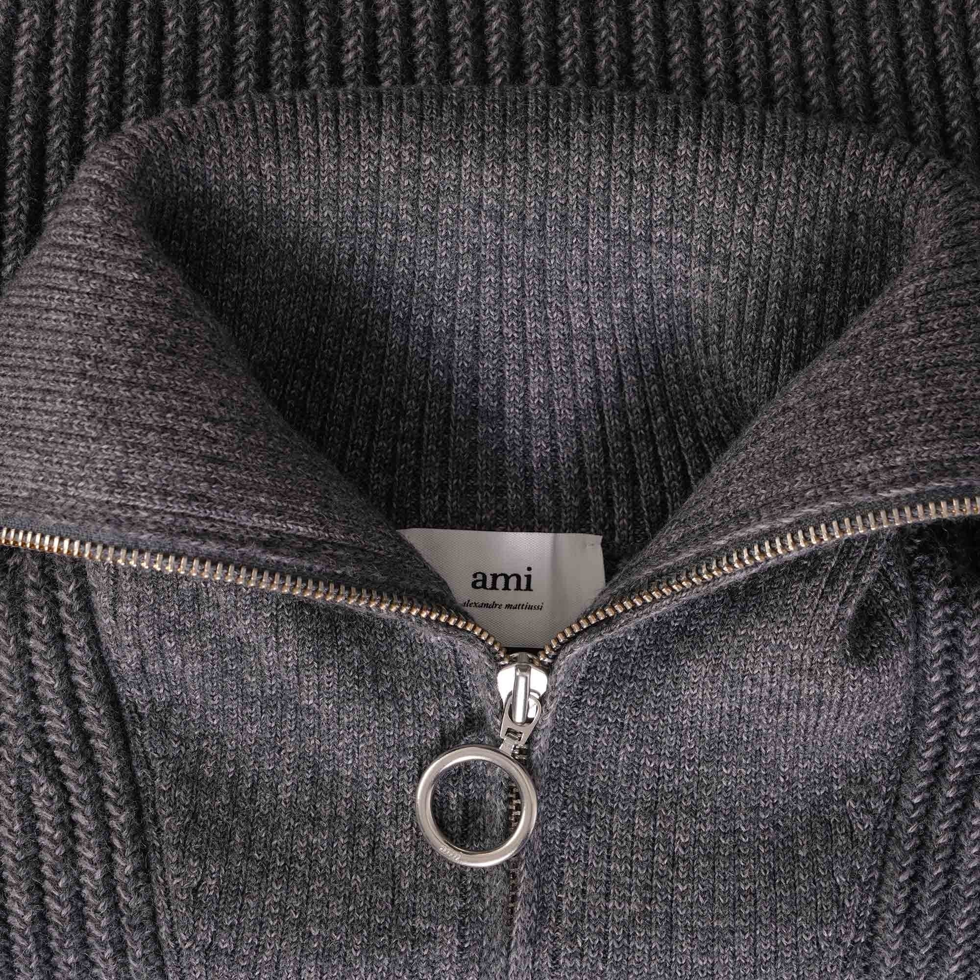 AMI Zipped Collar Ribbed Jumper - Heather Grey