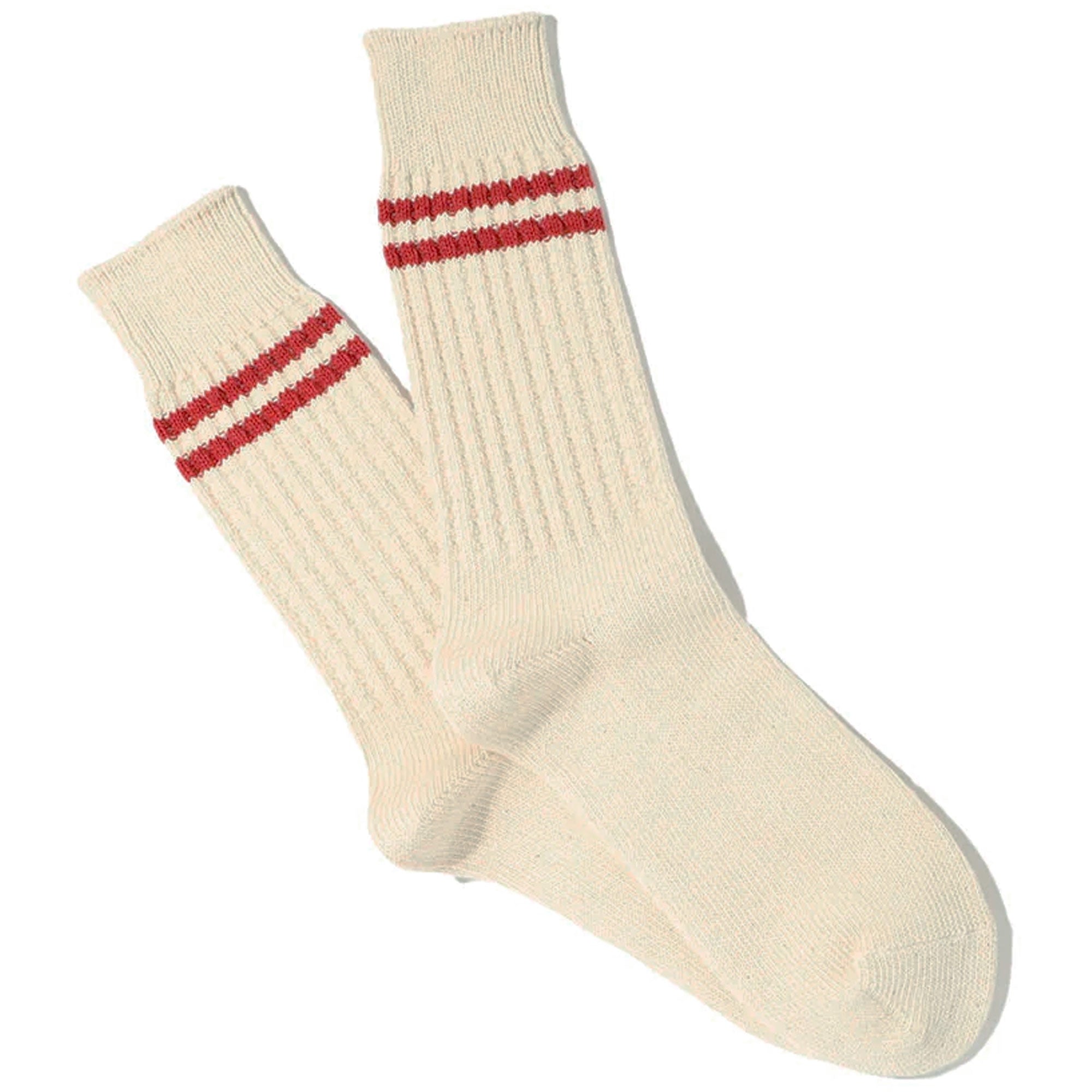 Anonymous Ism Organic Cotton 2 Stripes Pique Knit Socks - Cream/Red