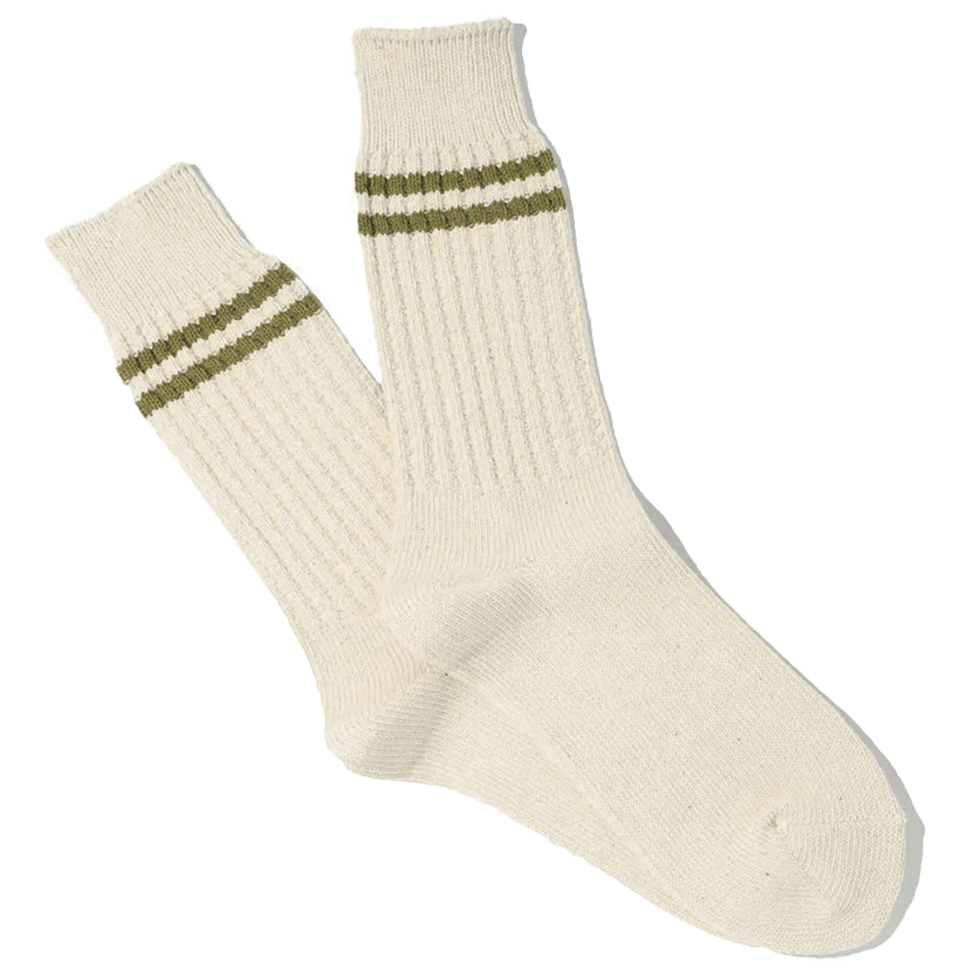 Anonymous Ism Organic Cotton 2 Stripes Pique Knit Socks - Cream/Olive
