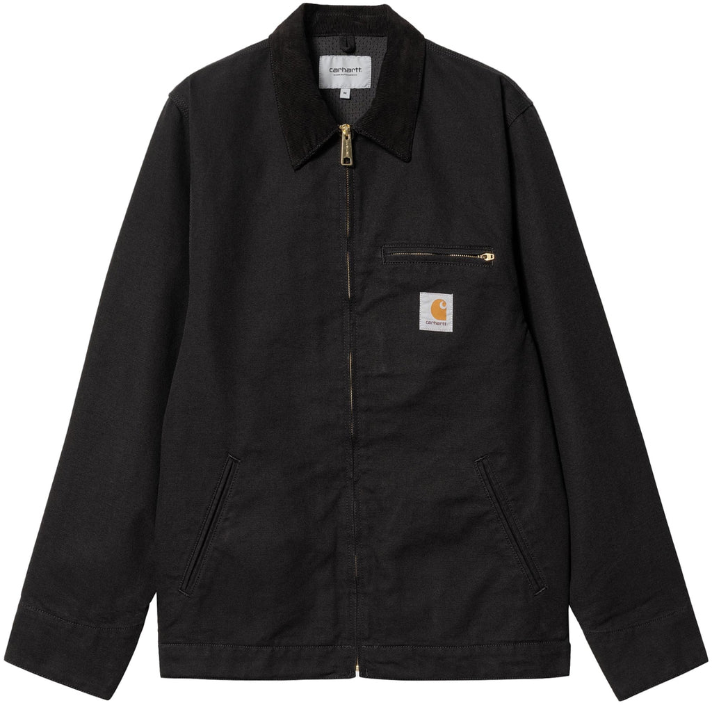 A black Carhartt WIP Detroit jacket with a corduroy collar and zip closure.