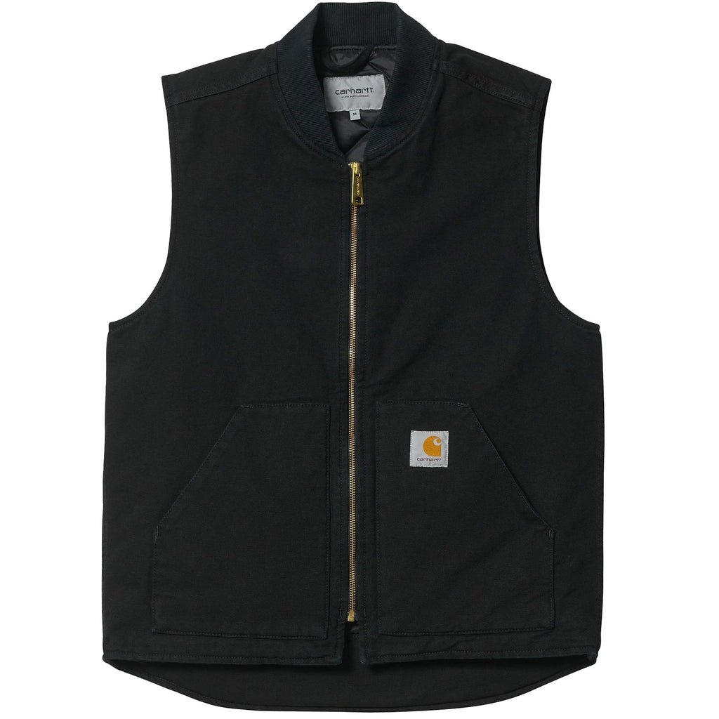 A black Carhartt WIP vest with a gold zip, two front pockets, and the brand logo on the left pocket.