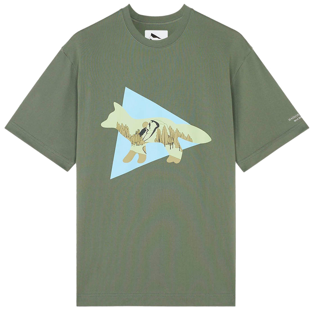 Olive green t-shirt featuring a stylized fox graphic with a forest design inside.