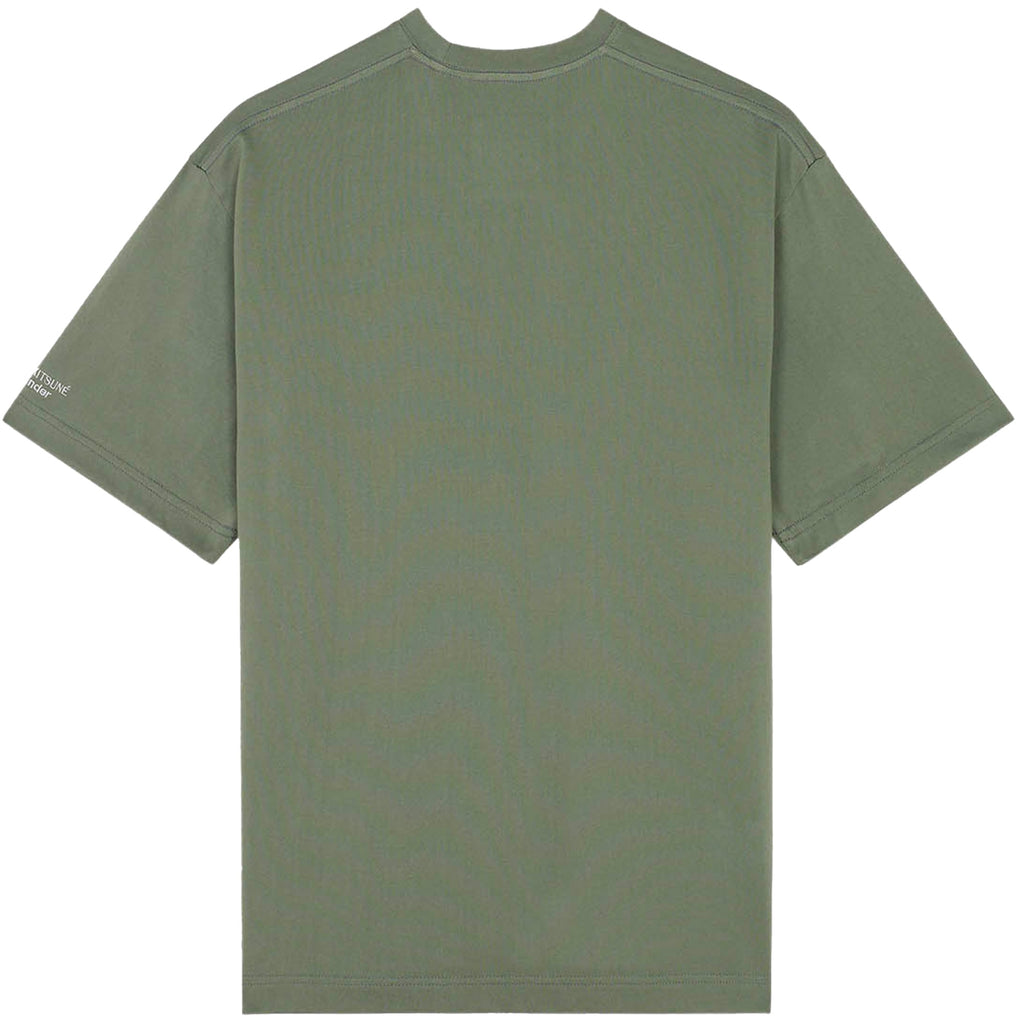 The back of a plain olive green t-shirt with short sleeves.