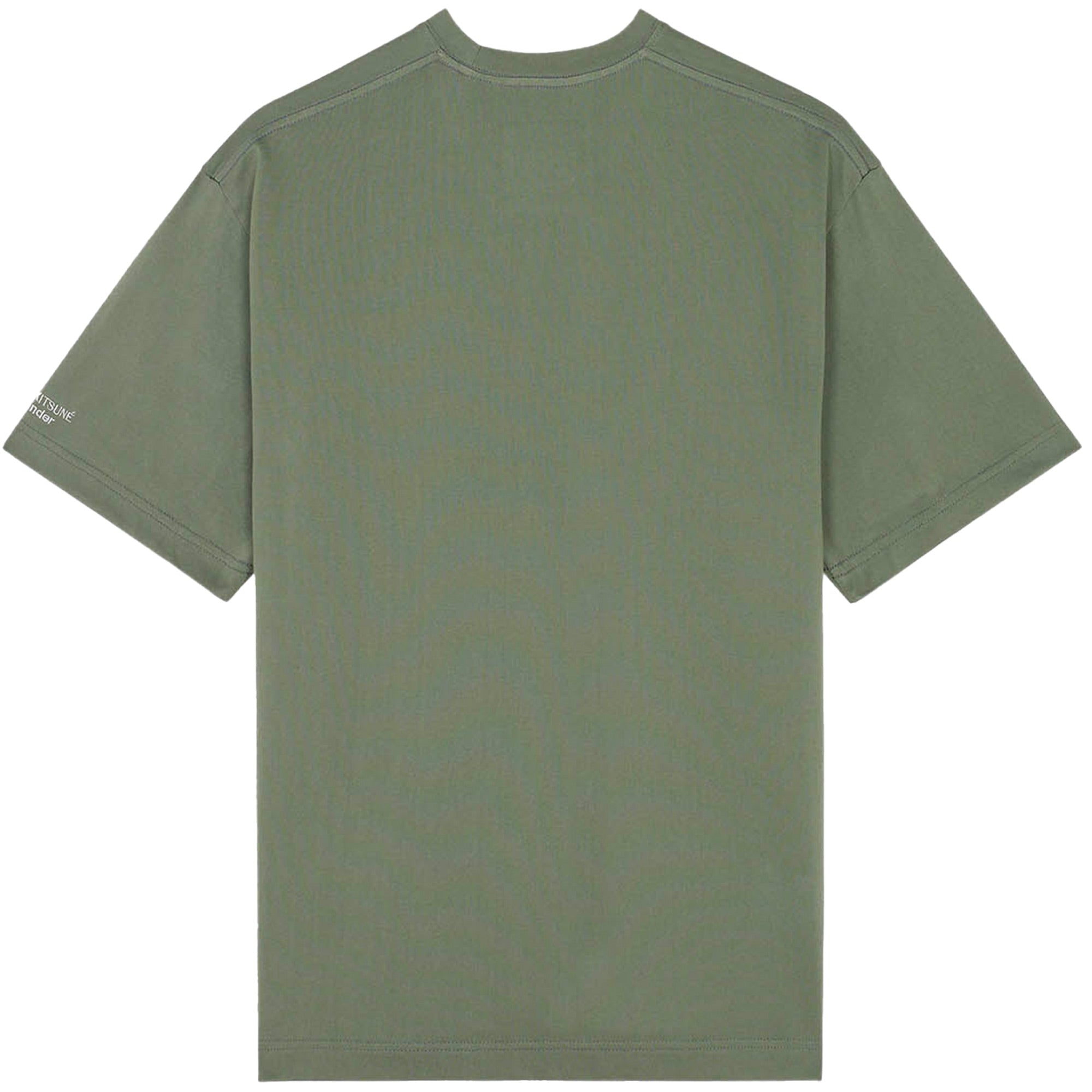 The back of a plain olive green t-shirt with short sleeves.