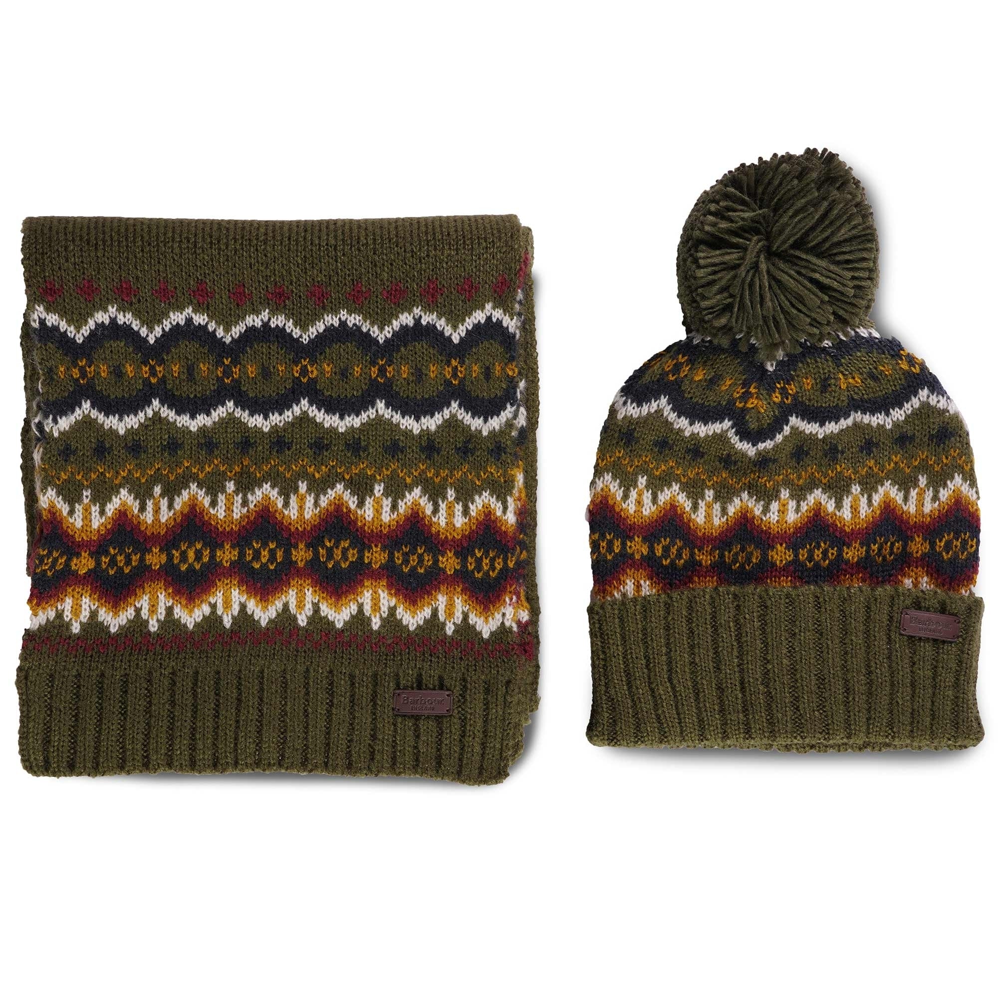 Barbour Fairisle Beanie & Scarf Gift Set - Olive