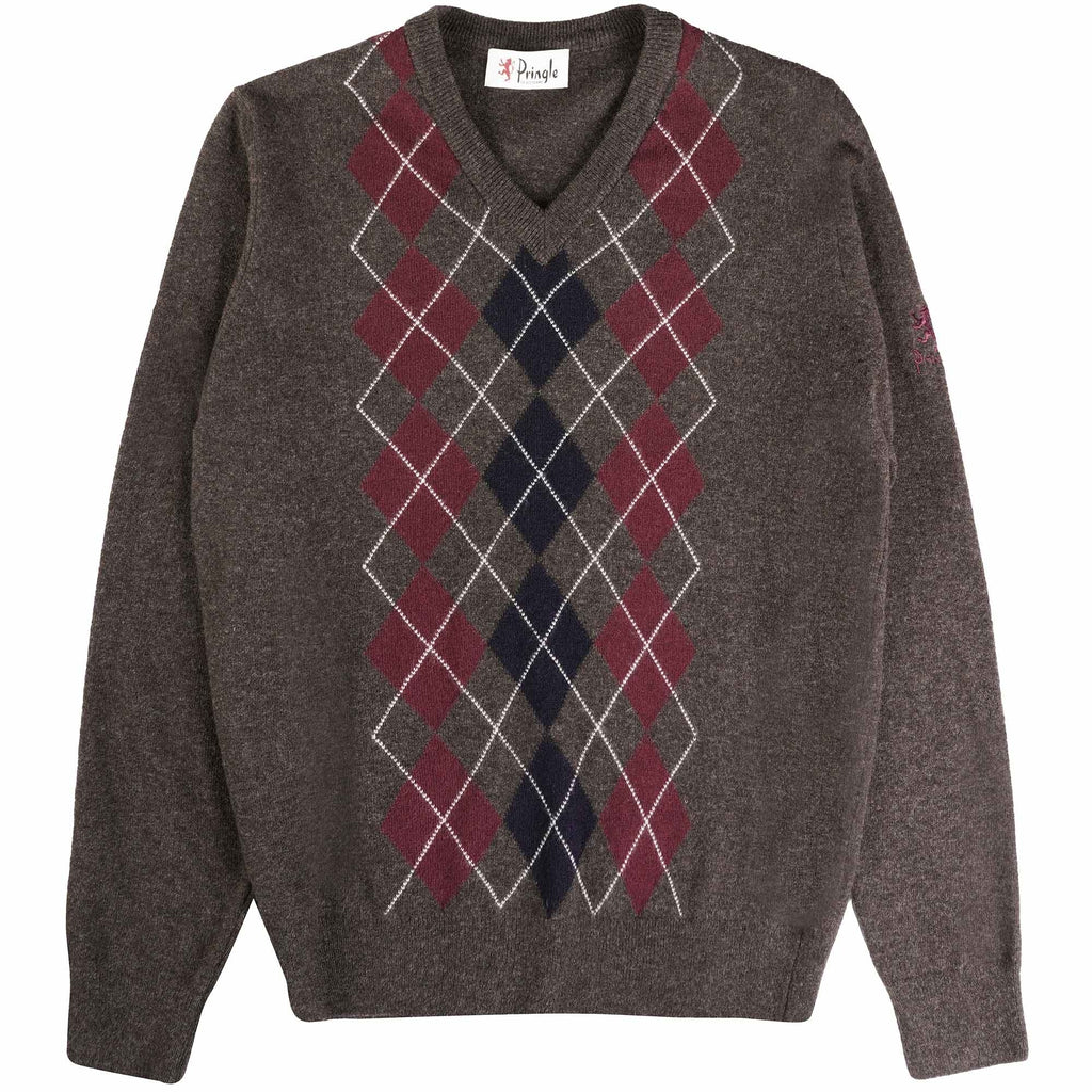 Pringle of Scotland V Neck Argyle Jumper - Dark Brown