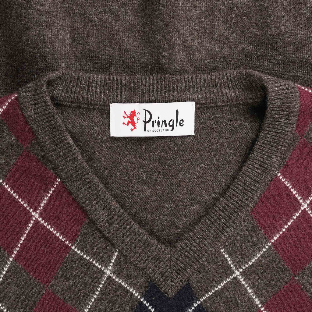 Pringle of Scotland V Neck Argyle Jumper - Dark Brown