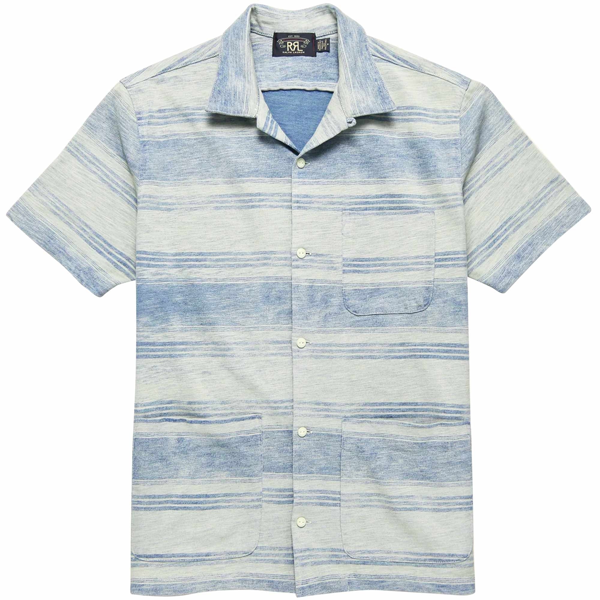 RRL by Ralph Lauren Striped Jersey Camp Shirt - Indigo/Cream