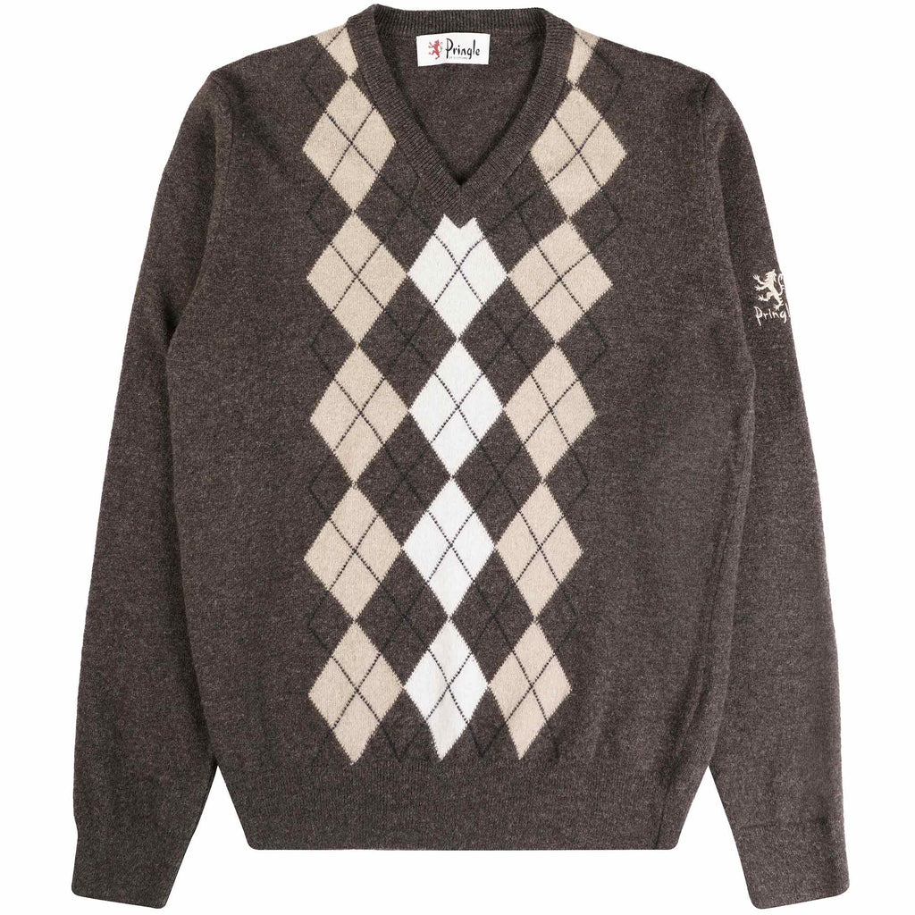 Pringle of Scotland V Neck Argyle Jumper - Dark Brown
