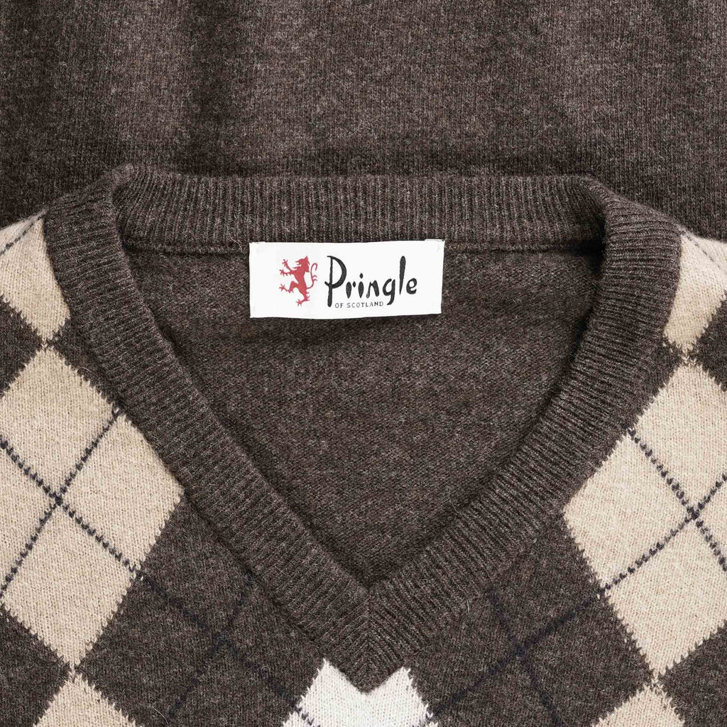 Pringle of Scotland V Neck Argyle Jumper - Dark Brown