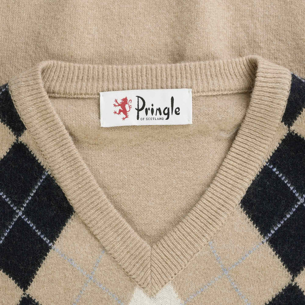 Pringle of Scotland V Neck Argyle Jumper - Camel and Navy