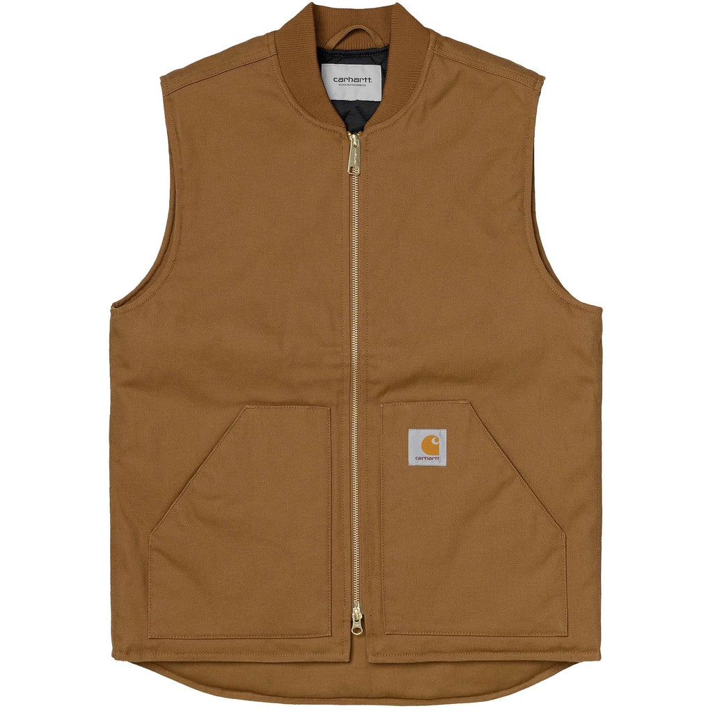 Front view of a brown Carhartt WIP vest with a full zip closure and two front pockets.