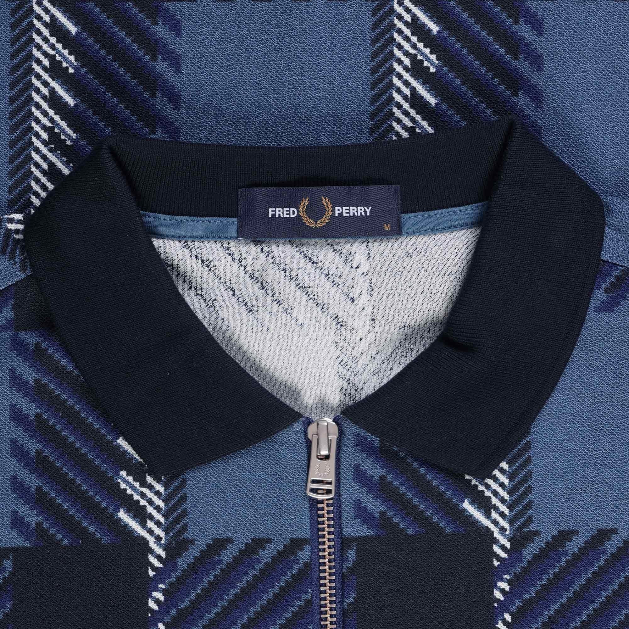Fred Perry Glitch Tartan Zip Neck Polo Shirt - Midnight Blue