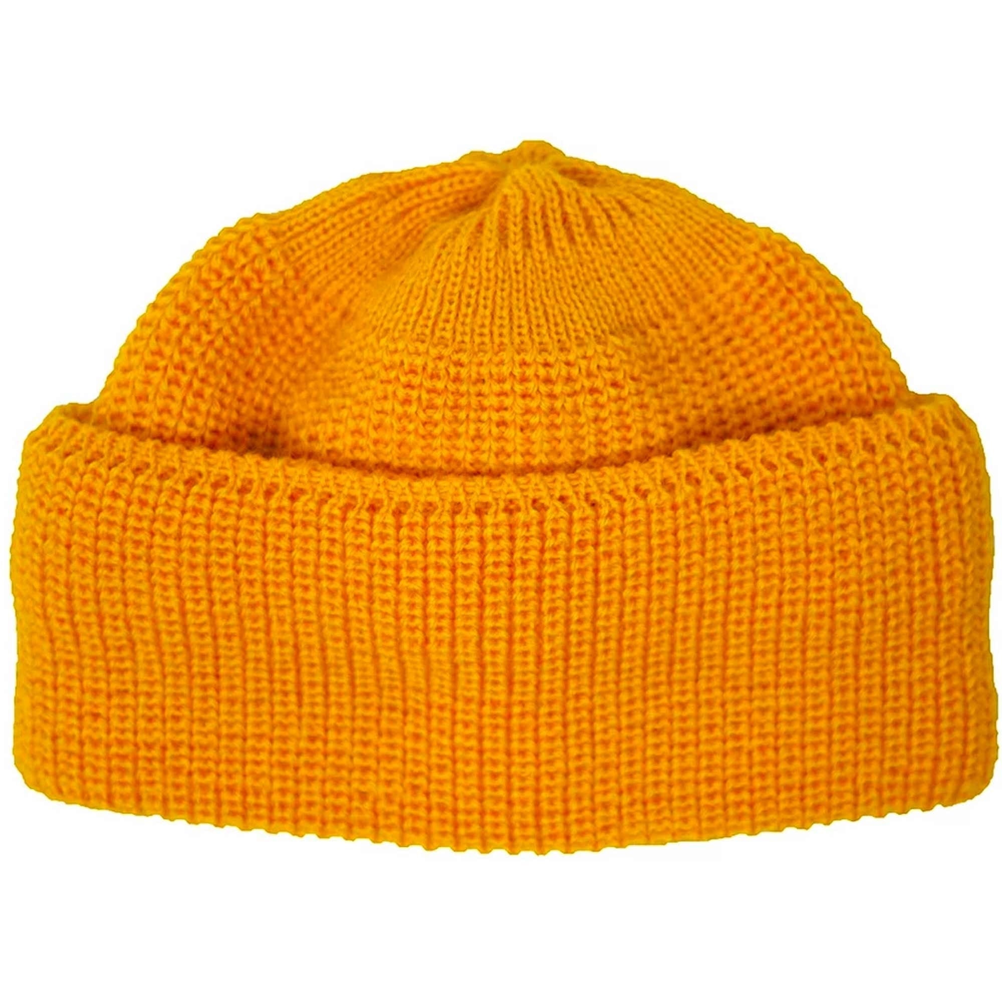 A close-up shot of a vibrant yellow beanie hat, showcasing its knitted texture and folded brim.