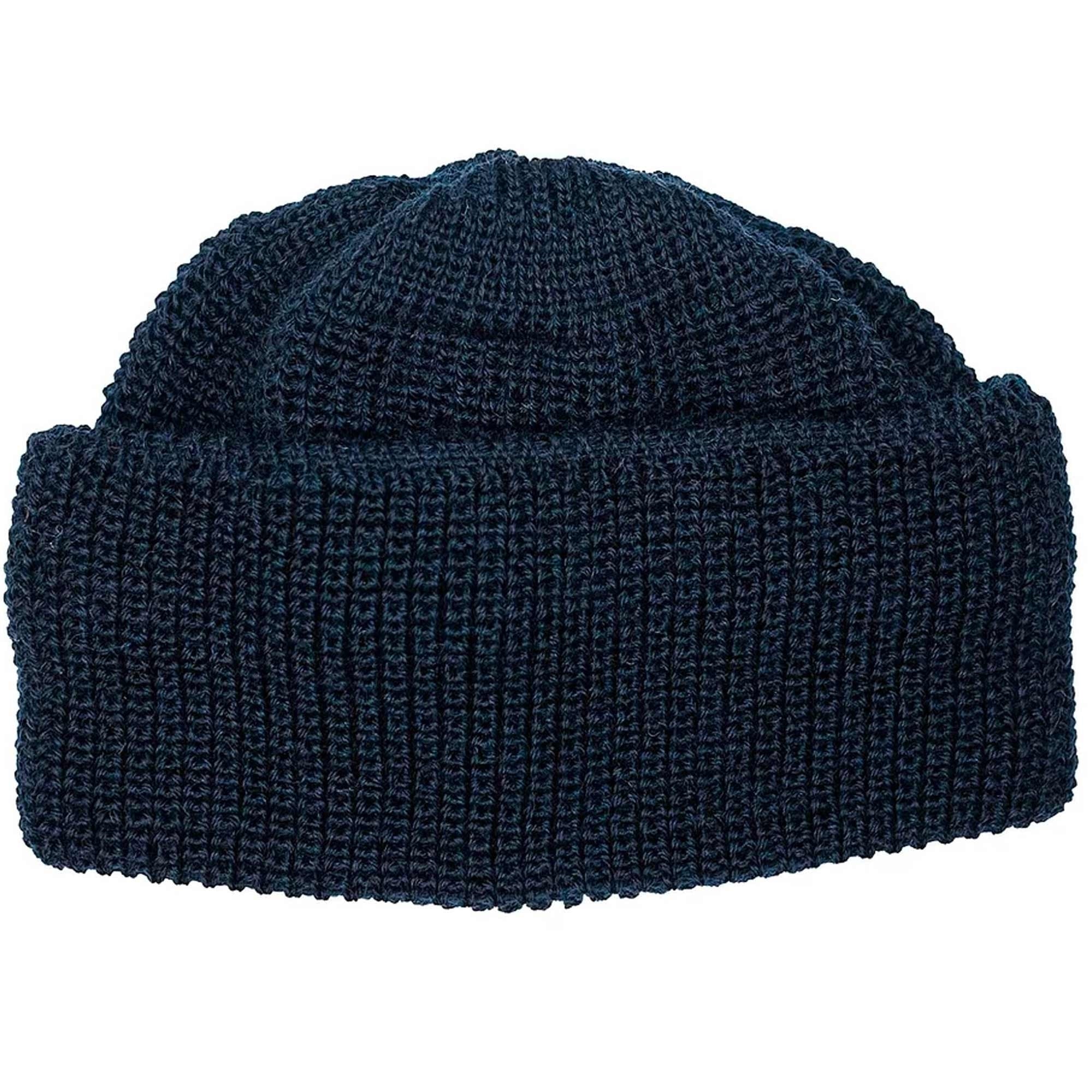 A navy blue knitted beanie hat on a white background, folded at the brim.