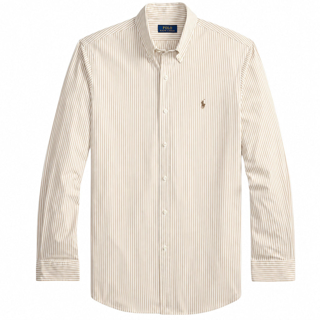 Polo Ralph Lauren	Custom Fit Striped Stretch Poplin Shirt  - Khaki/White