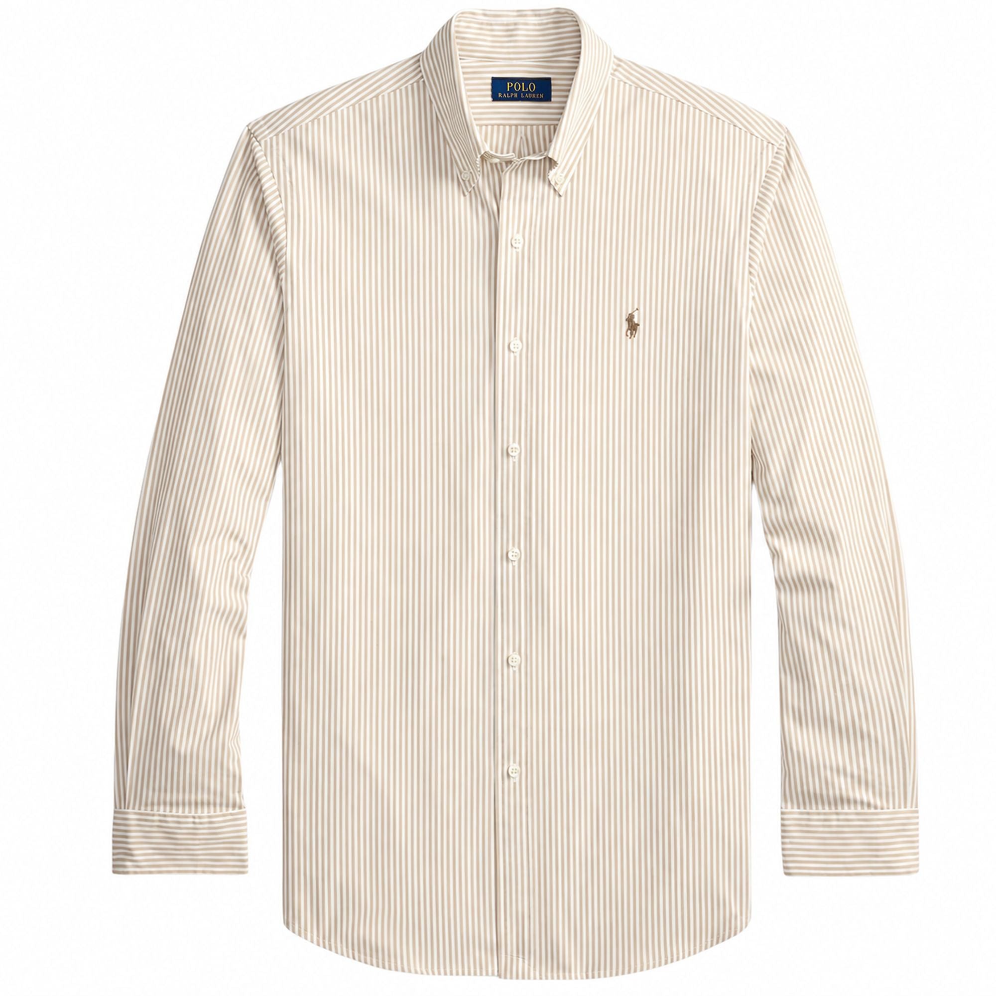 Polo Ralph Lauren	Custom Fit Striped Stretch Poplin Shirt  - Khaki/White