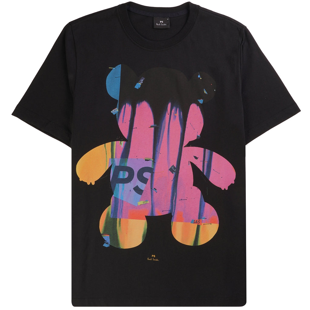A black t-shirt features a colourful, melting teddy bear graphic with 'PS' on its chest.