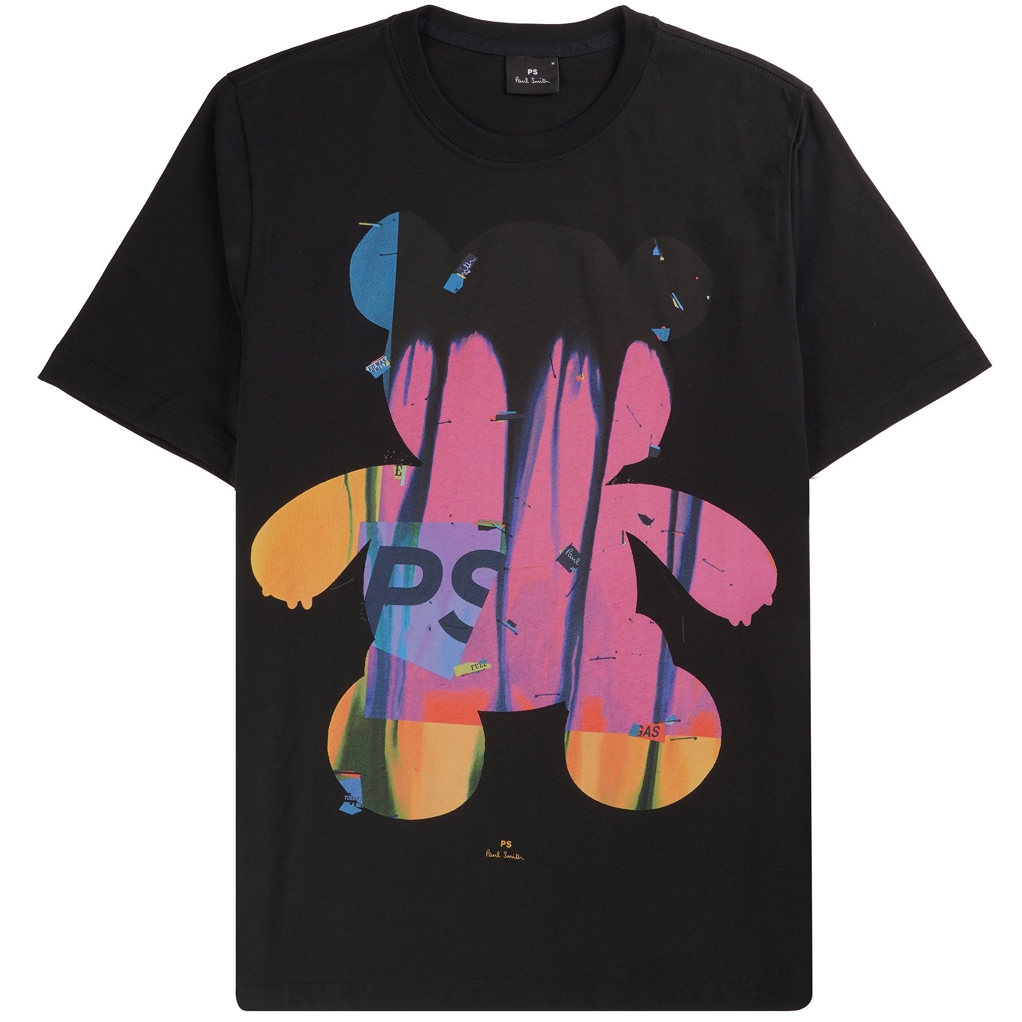 A black t-shirt features a colourful, melting teddy bear graphic with 'PS' on its chest.