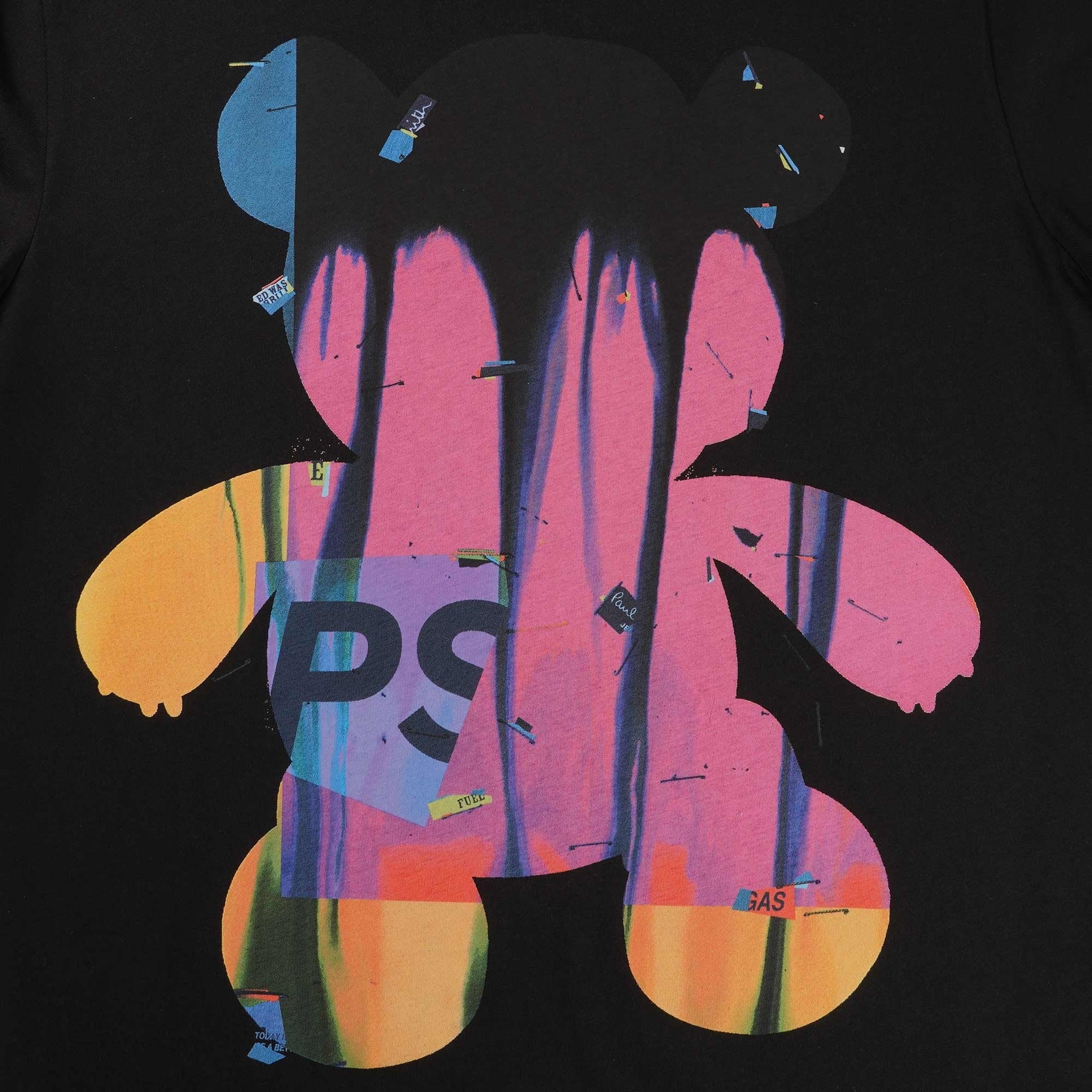 Detailed view of the t-shirt's melting teddy bear graphic with 'PS' on its chest.