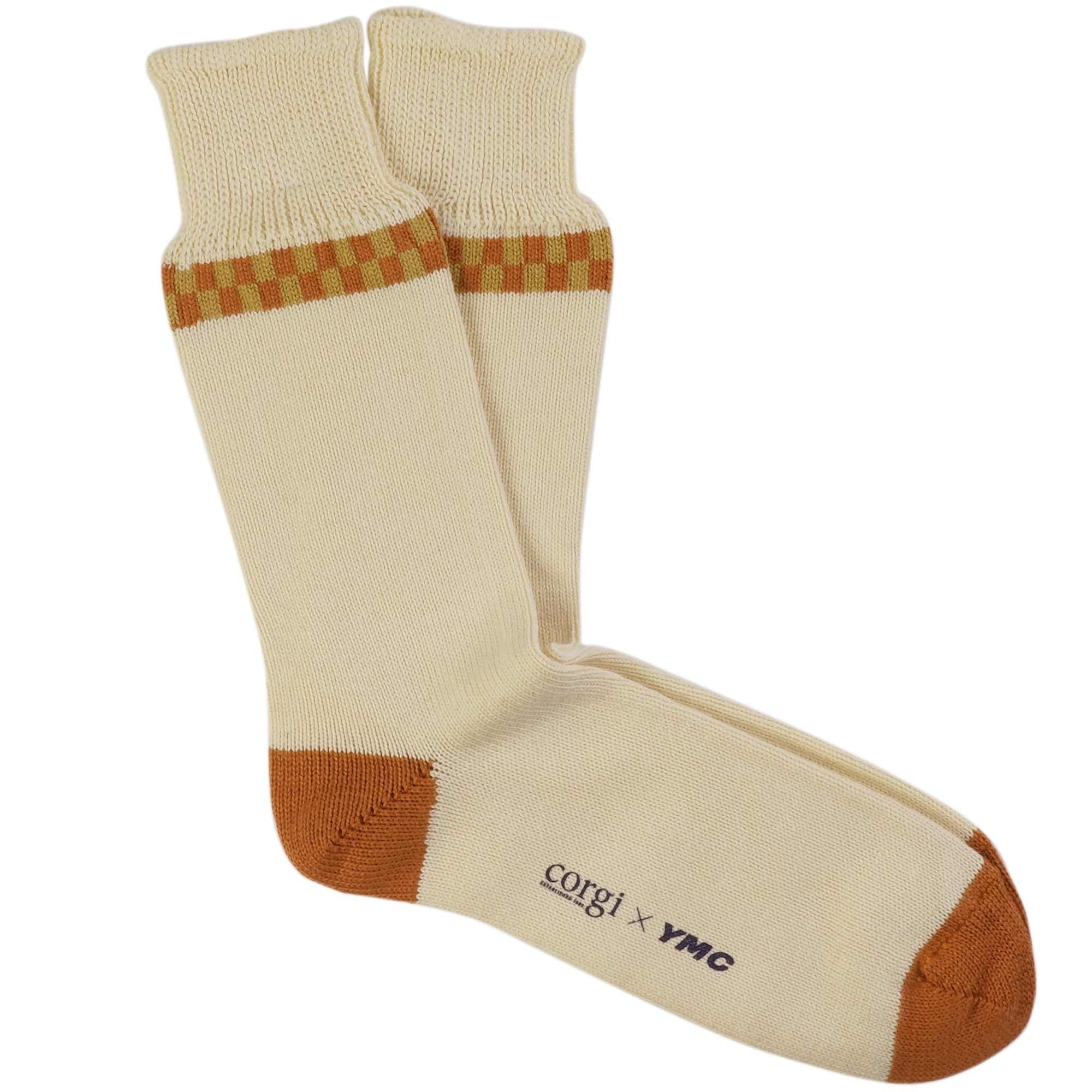 YMC x Corgi Check Stripe Sock - Ecru/Orange