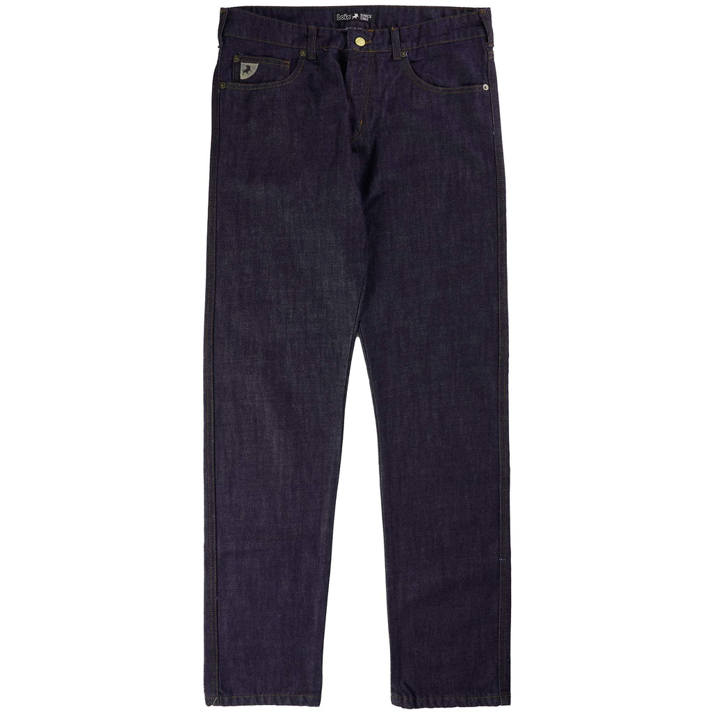 Full view of men's dark blue straight-leg jeans with gold stitching and button fly.