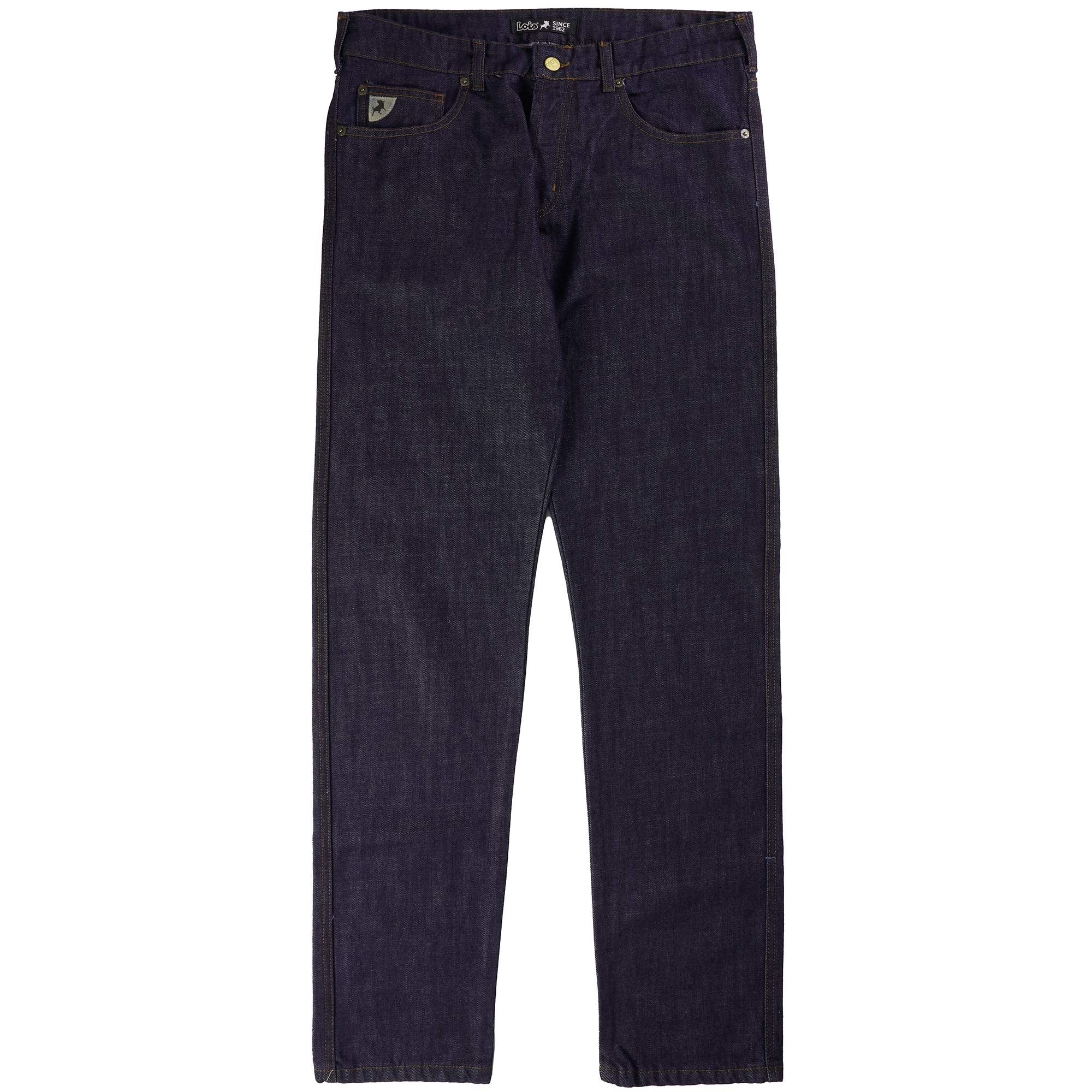 Full view of men's dark blue straight-leg jeans with gold stitching and button fly.