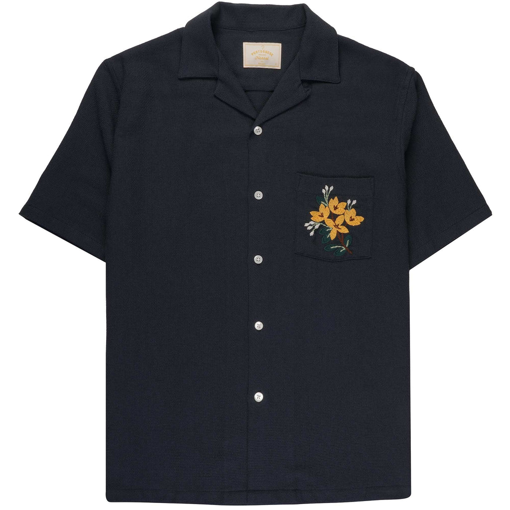 Portuguese Flannel Pique Embroidered Shirt - Navy