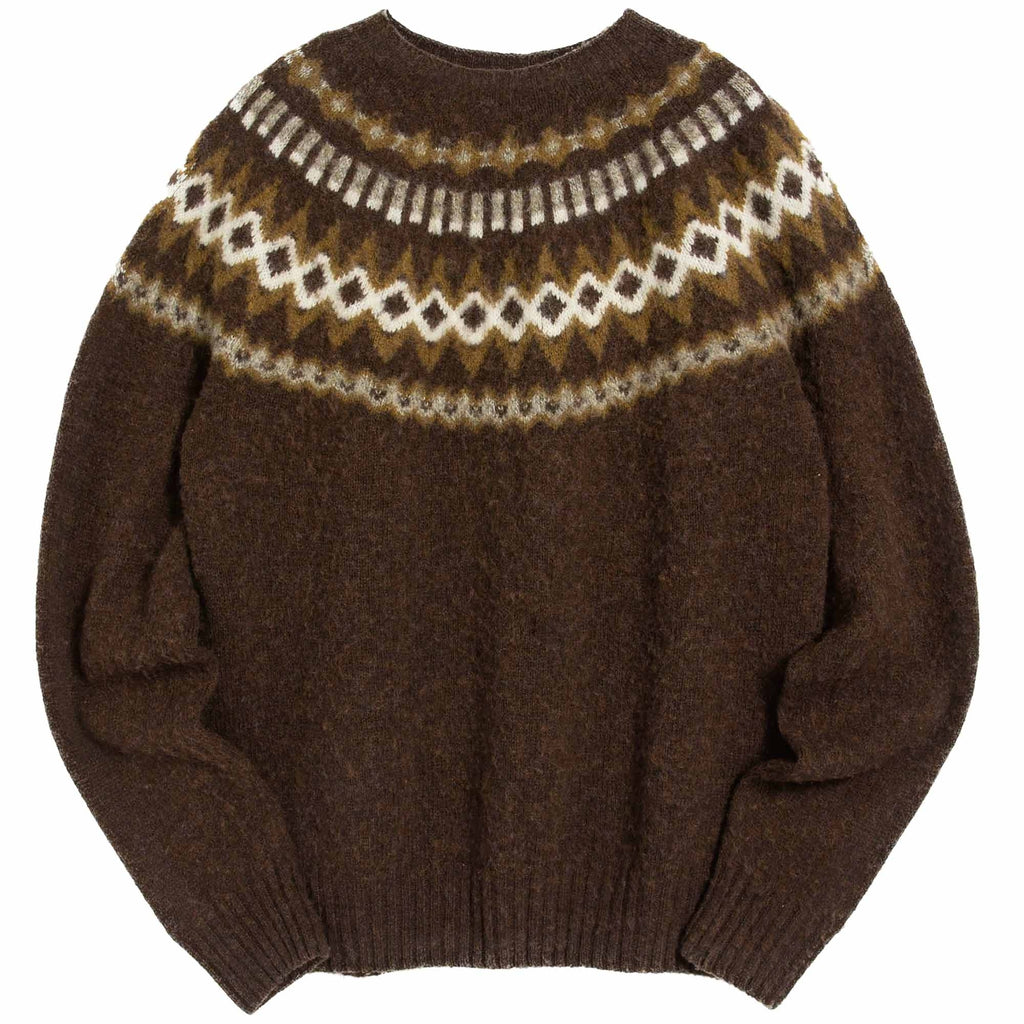 YMC Suedehead Fair Isle Knit Crewneck Jumper - Brown