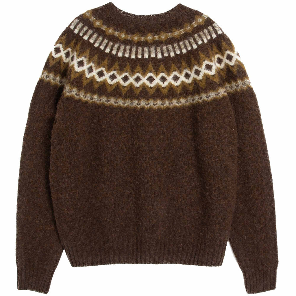 YMC Suedehead Fair Isle Knit Crewneck Jumper - Brown