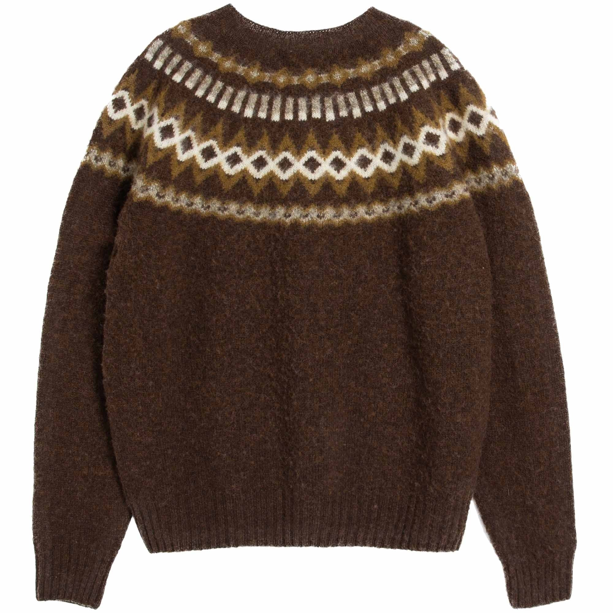 YMC Suedehead Fair Isle Knit Crewneck Jumper - Brown