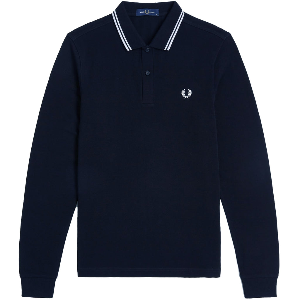 Fred Perry M3636 Long Sleeve Twin Tipped Polo Shirt - Navy and White