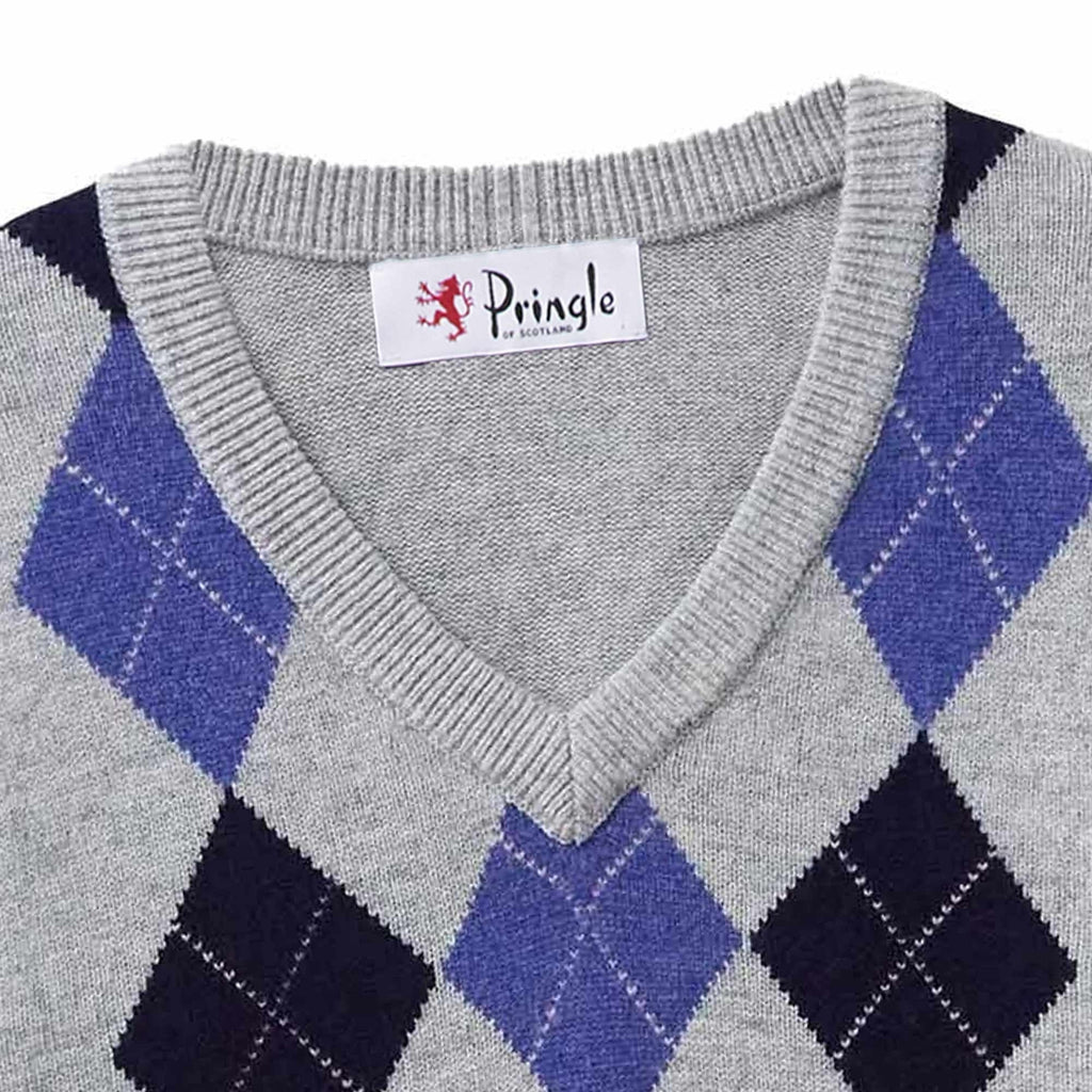 V Neck Argyle Jumper - Light Grey
