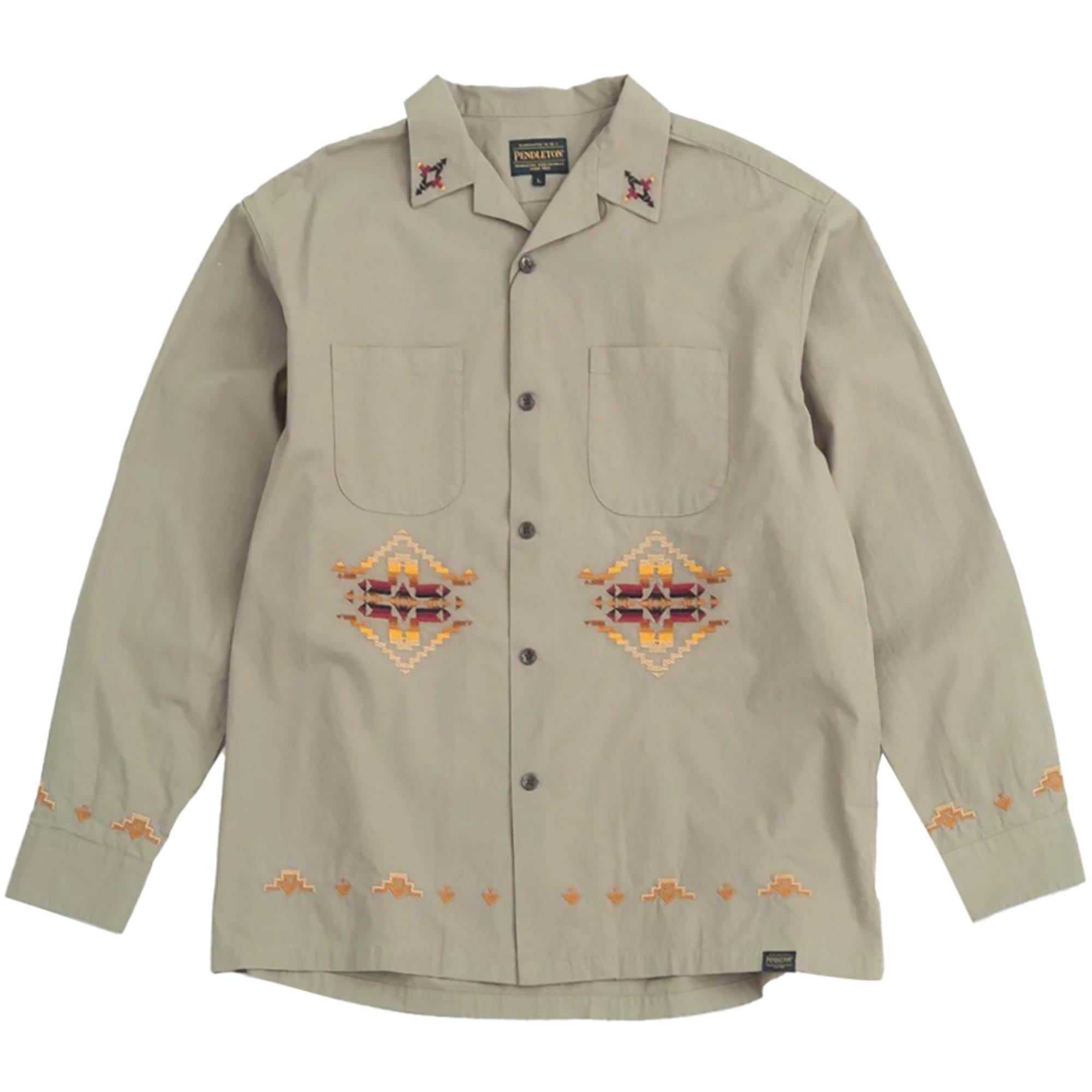 Pendleton Woolen Mills Embroidery Open Collar Pocket Long Sleeve Shirt - Khaki